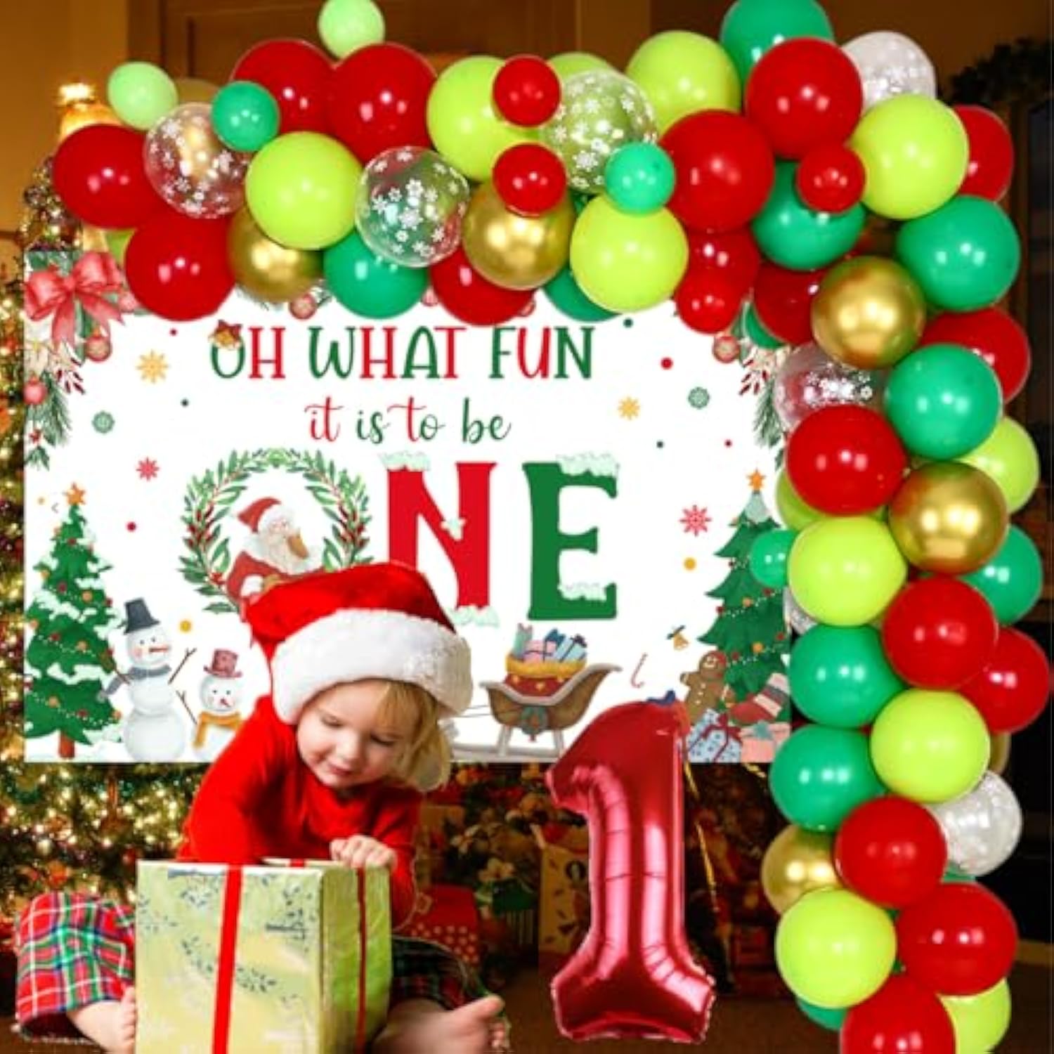 Christmas First Birthday Party Decorations, Xmas Balloon Garland Arch Kit With Oh What Fun It Is To Be One Backdrop For Boys Or Girls Winter Holiday 1St Birthday Party Supplies