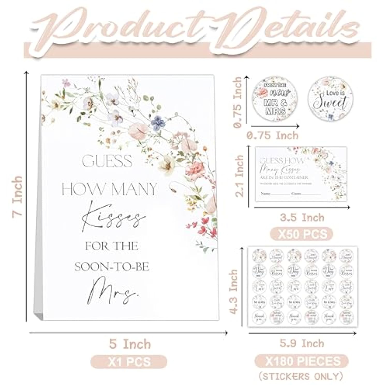 How Many Kisses Bridal Shower Games, How Many Kisses Standing Sign 50 Guessing Cards 180 Bridal Shower Kisses Stickers, How Many Kisses Flowers Bridal Shower Game Set For Bridal Shower And Weddings