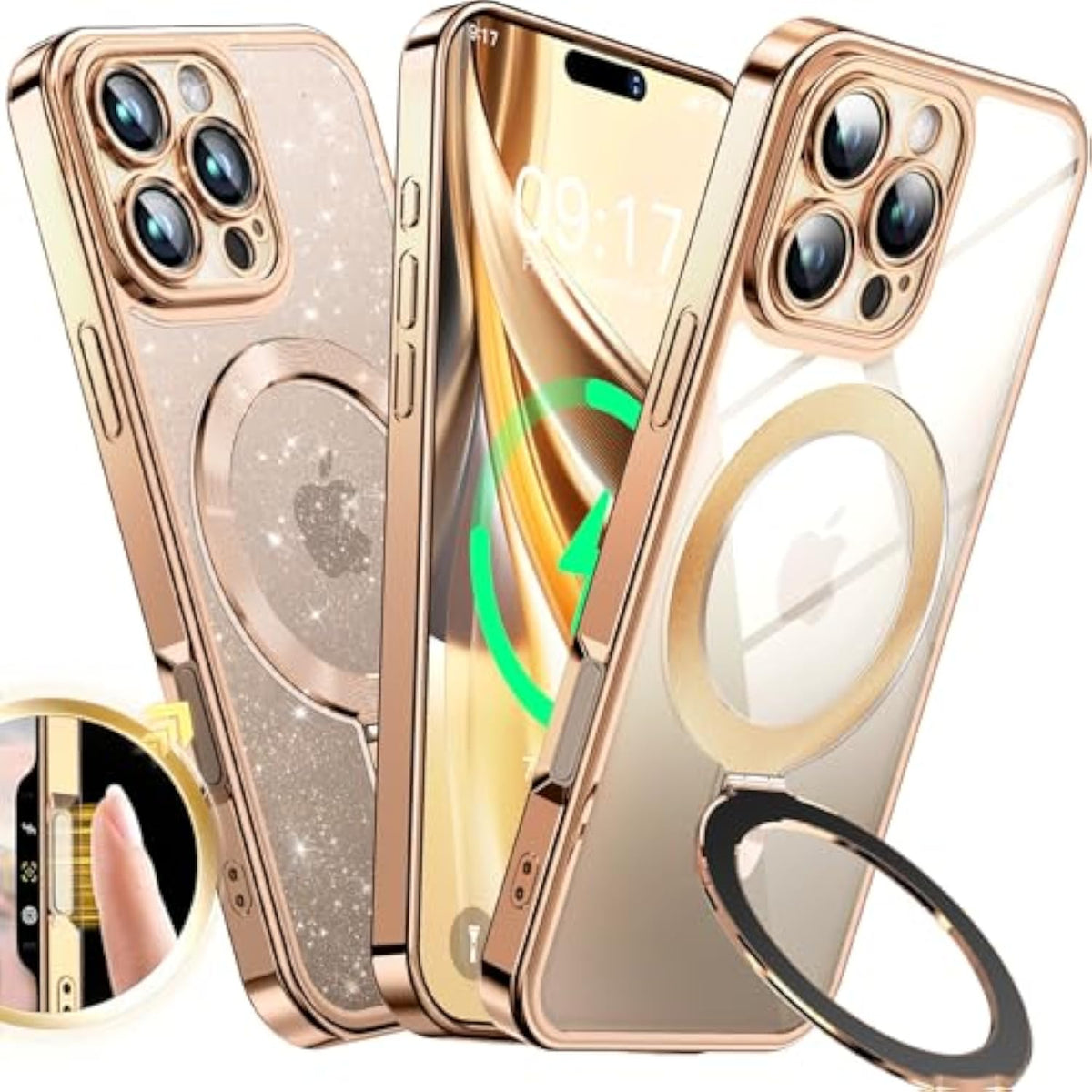 [Never Yellows+Cd Ring With Glitter Card Fit For Magsafe Stand]Magnetic For Iphone 16 Pro Max Case With Camera Lens Protection, Clear Shiny Slim Case For Iphone 16 Promax Women Girls, Desert Titanium