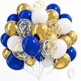 60 Pcs Royal Blue, Gold & White Balloons Metallic & Confetti for Weddings & Parties