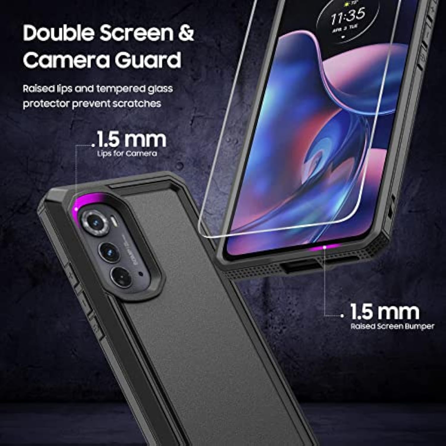 For Motorola Edge 2022 Case, Moto Edge 2022 Heavy Duty Case With Screen Protector, Military Grade Drop Proof Cover, Dual Layer Rugged Protective Shell (Black)
