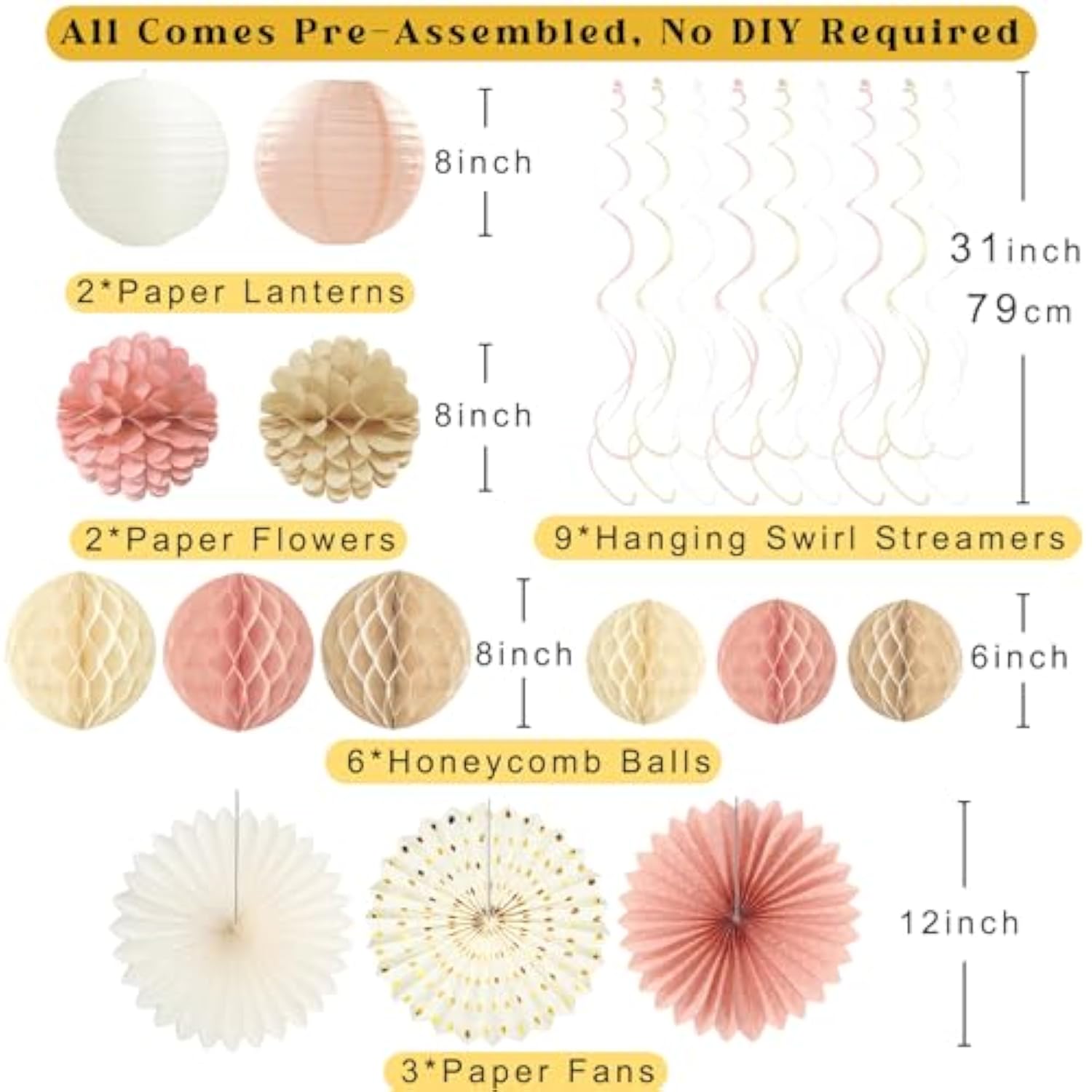 Boho Pink Happy Birthday Decorations, Pre-Strung Happy Birthday Banner With Honeycomb Balls, Paper Flowers, Lanterns, Fans, Hanging Swirls, Circle Dots Garland For Birthdays Party Decorations 24Pcs