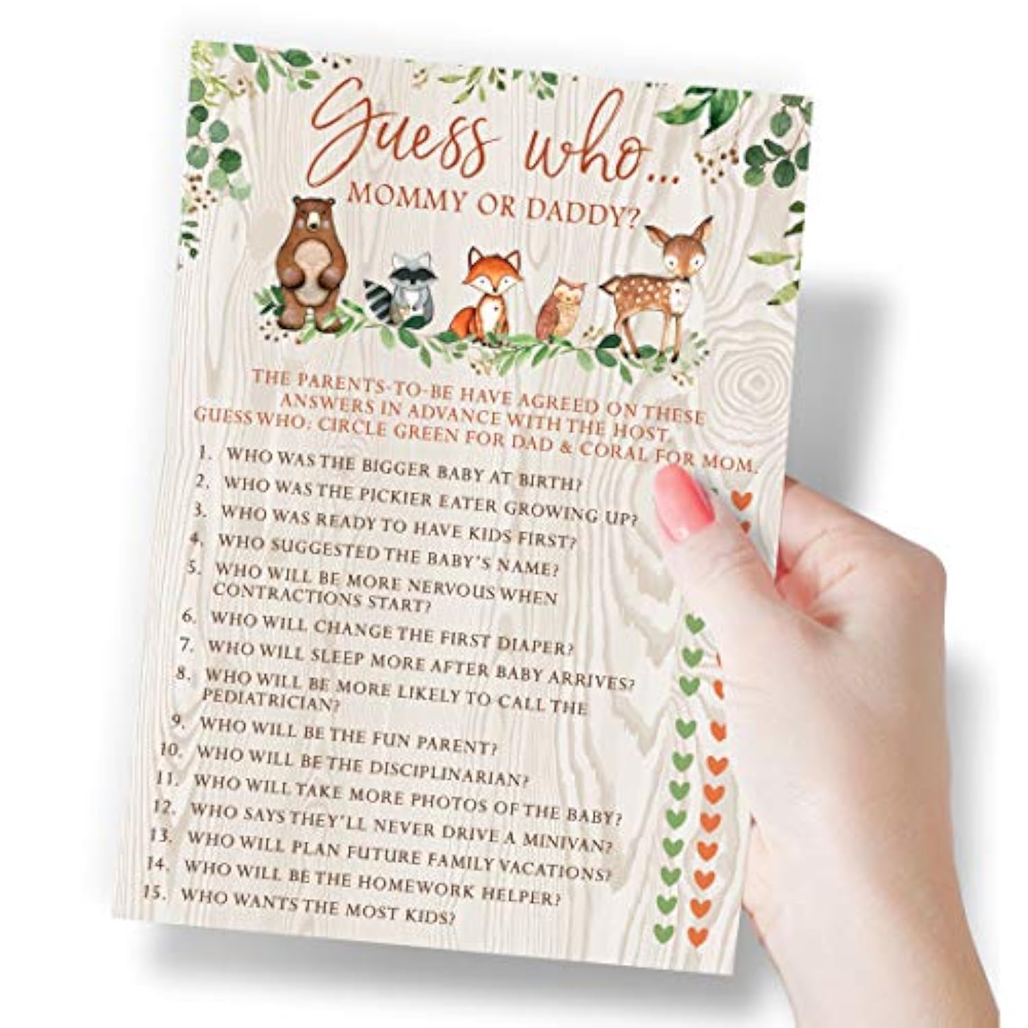Baby Shower Games – Guess Who Mommy Or Daddy Game For Boy Or Girl, Woodland Forest Animals Theme, 50 Cards