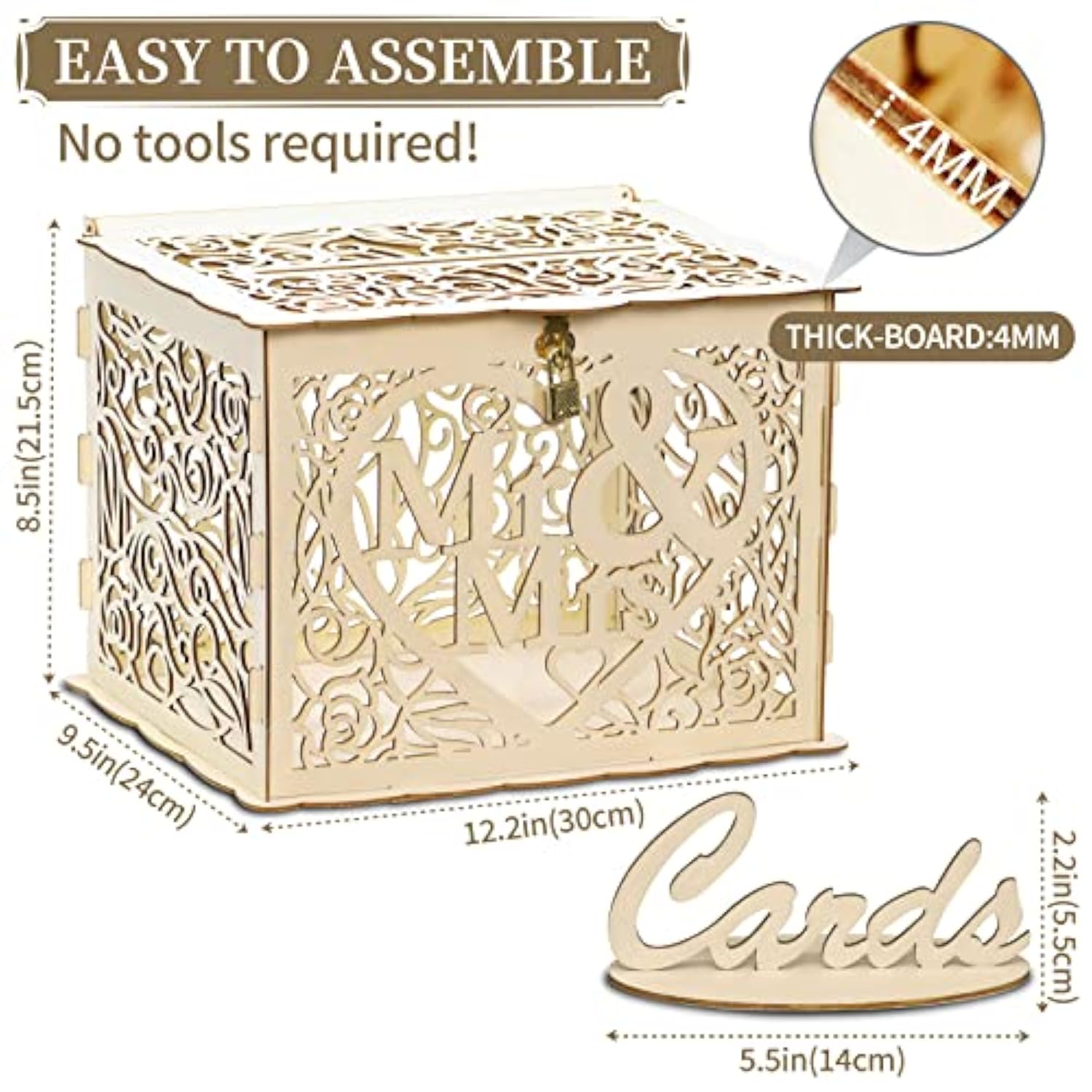 Wedding Card Box With Lock And Card Sign, Wooden Gift Card Box Money Box For Reception Wedding Anniversary Baby Shower Birthday Graduation Party Decorations(Mr & Mrs)