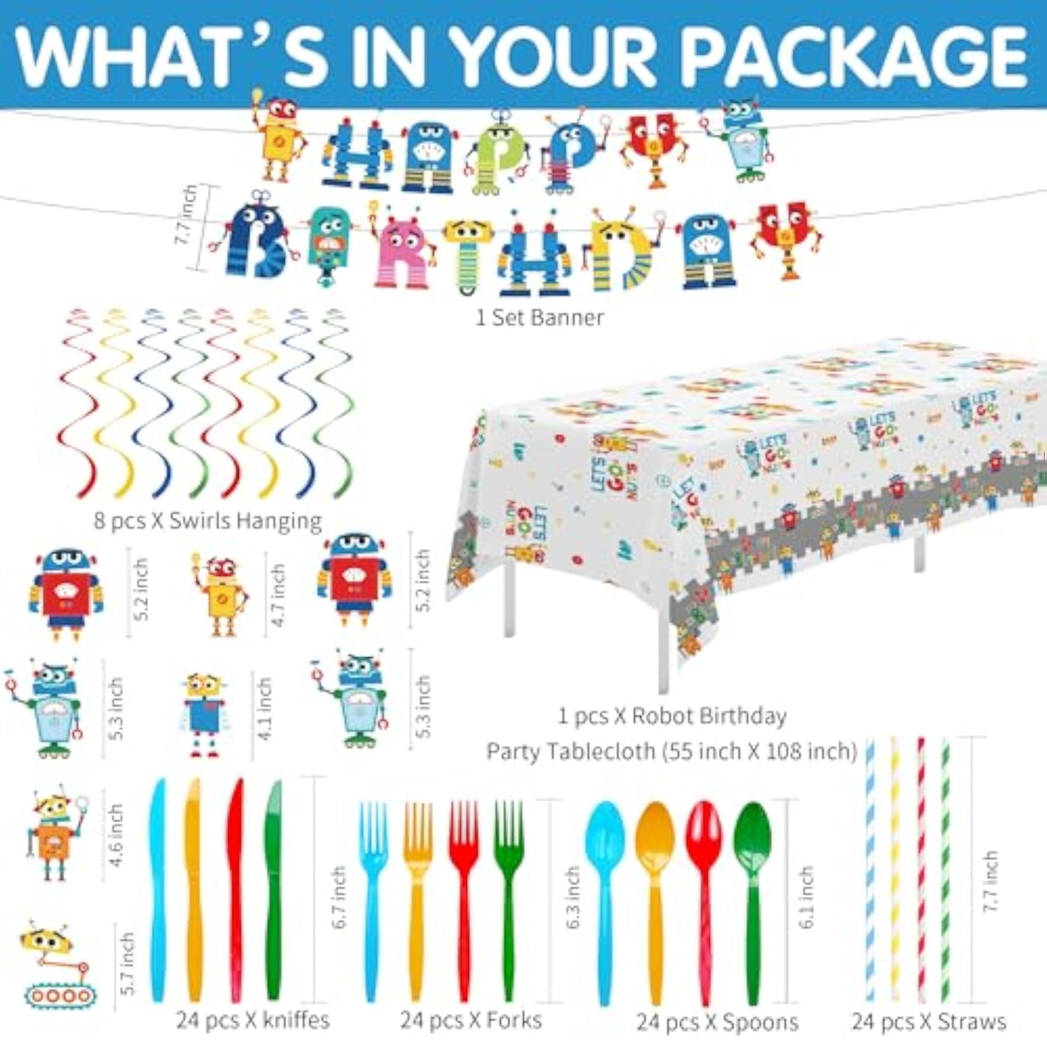 Robot Birthday Party Supplies, Let'S Go Nuts Theme Robot Party Decorations For Birthday Baby Shower, Paper Plate, Cup, Napkin, Swirls, Banner, Tablecloth, Cutlery, Serves 24