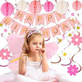 Pink Birthday Decorations - Happy Banner With Honeycomb Ball, Daisy Flower Hanging Swirl Streamer, Circle Dot Garland - Party Decoration For Women Girls