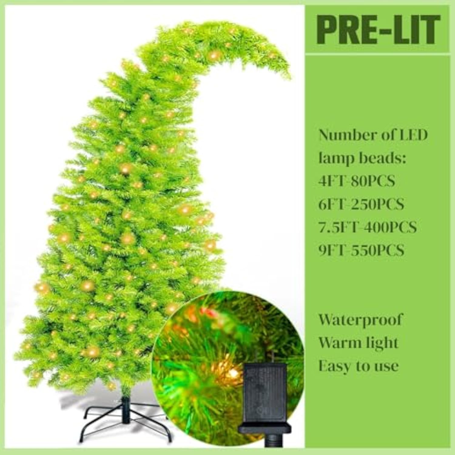 Bendable Christmas Tree Whimsical Christmas Pre-Lit Lime Green Stole Bent Top Artificial Xmas Tree Decorations With Led Lights Ornament Bag(7.5Ft)