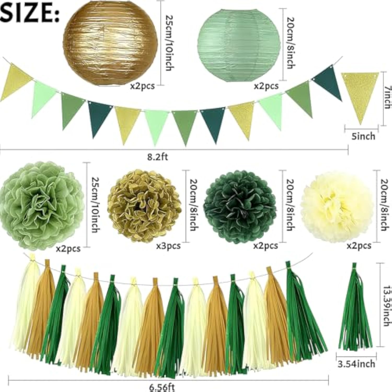 Sage Green Paper Fan Lantern Set Boho Party Decorations With Tissue Pom Poms Balls For Birthday Bridal Shower Wedding Decor (Green Set C)