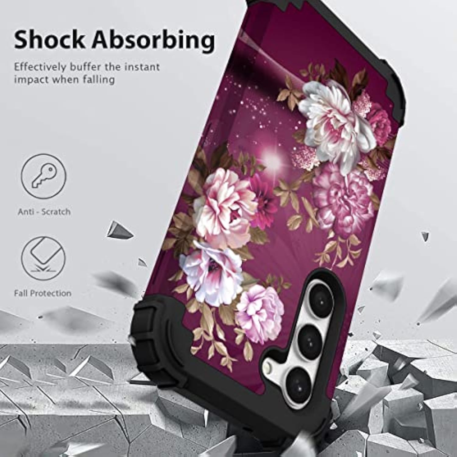 For Galaxy S23 Case, Shockproof Heavy Duty Protection Soft Silicone Rubber Bumper+Hard Plastic Hybrid Protective Case For Samsung Galaxy S23 (6.1" Display) 2023 - Royal Purple Flowers