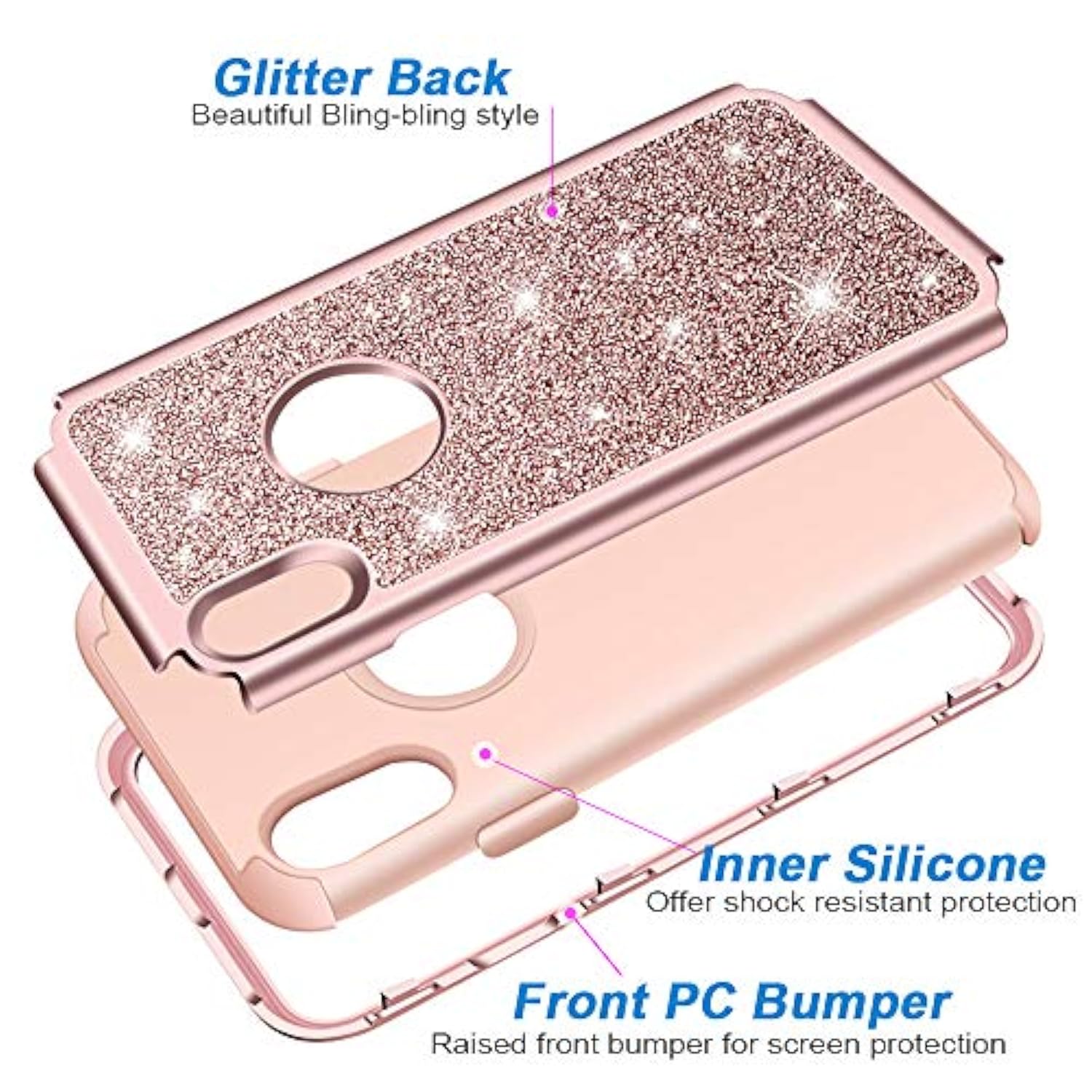Compatible With Xr Case, Heavy Duty Full-Body Defender Protective Bling Glitter Sparkle Hard Shell Armor Hybrid Shockproof Silicone Rubber Bumper Cover For 6.1-Inch, Rose Gold