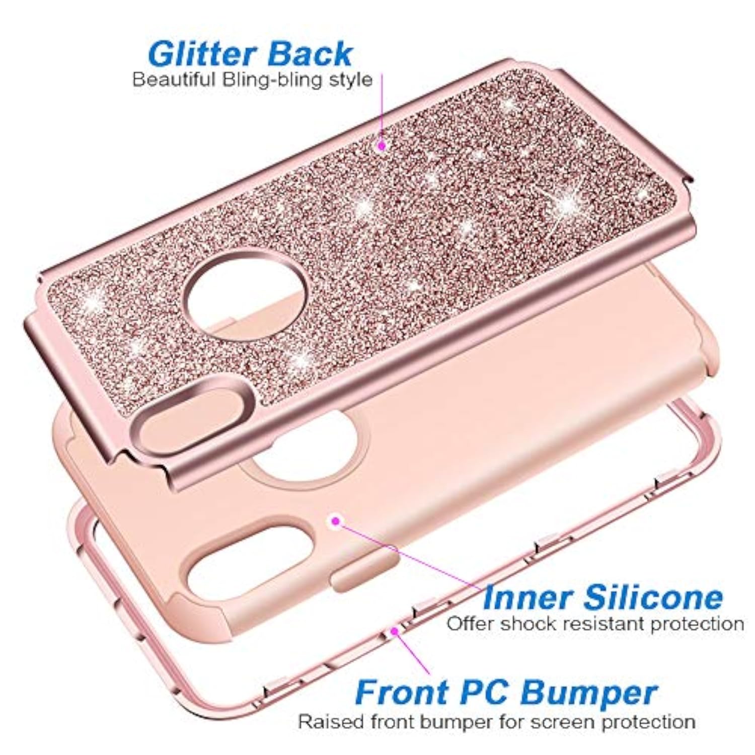 Rose Gold Heavy Duty Full-Body Defender Protective Bling Glitter Sparkle Hard Shell Armor Hybrid Shockproof Silicone Rubber Bumper Cover for iPhone XR 6.1-Inch
