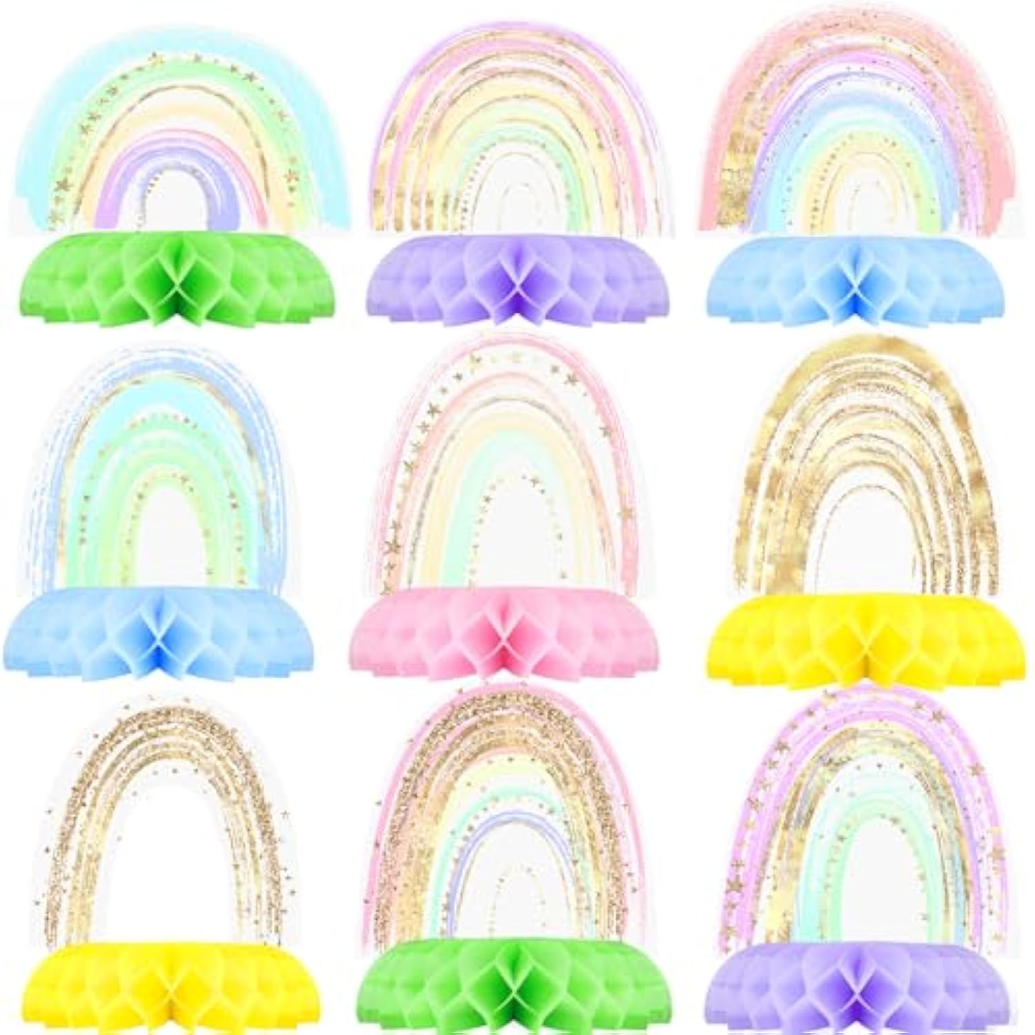 9PCS Rainbow Party Honeycomb Centerpieces for Kids' Birthday & Baby Shower Table Decor