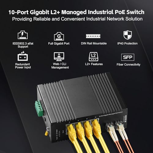 8 Port Gigabit Poe Industrial Din-Rail Ethernet Switch Managed, 2 Sfp Ports, Ieee802.Af/At 96W Poe+ Power, Web L2+ Managed Ip40 Network Switch (-40 To 185°F), With Power Supply