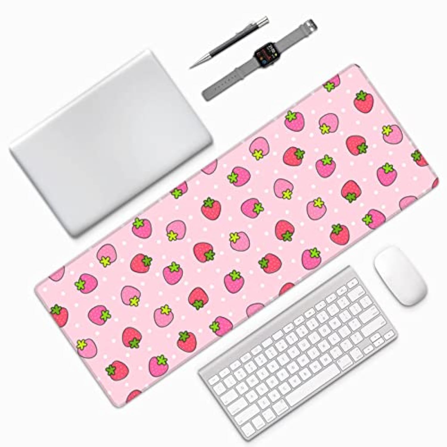 Large Mouse Pad, Cute Strawberry Pink Extended Gaming Mouse Pad 31.5" X 11.8", Laptop Computer Keyboard Mouse Mat Desk Pad With Non-Slip Base And Stitched Edge For Home Office Gaming Work