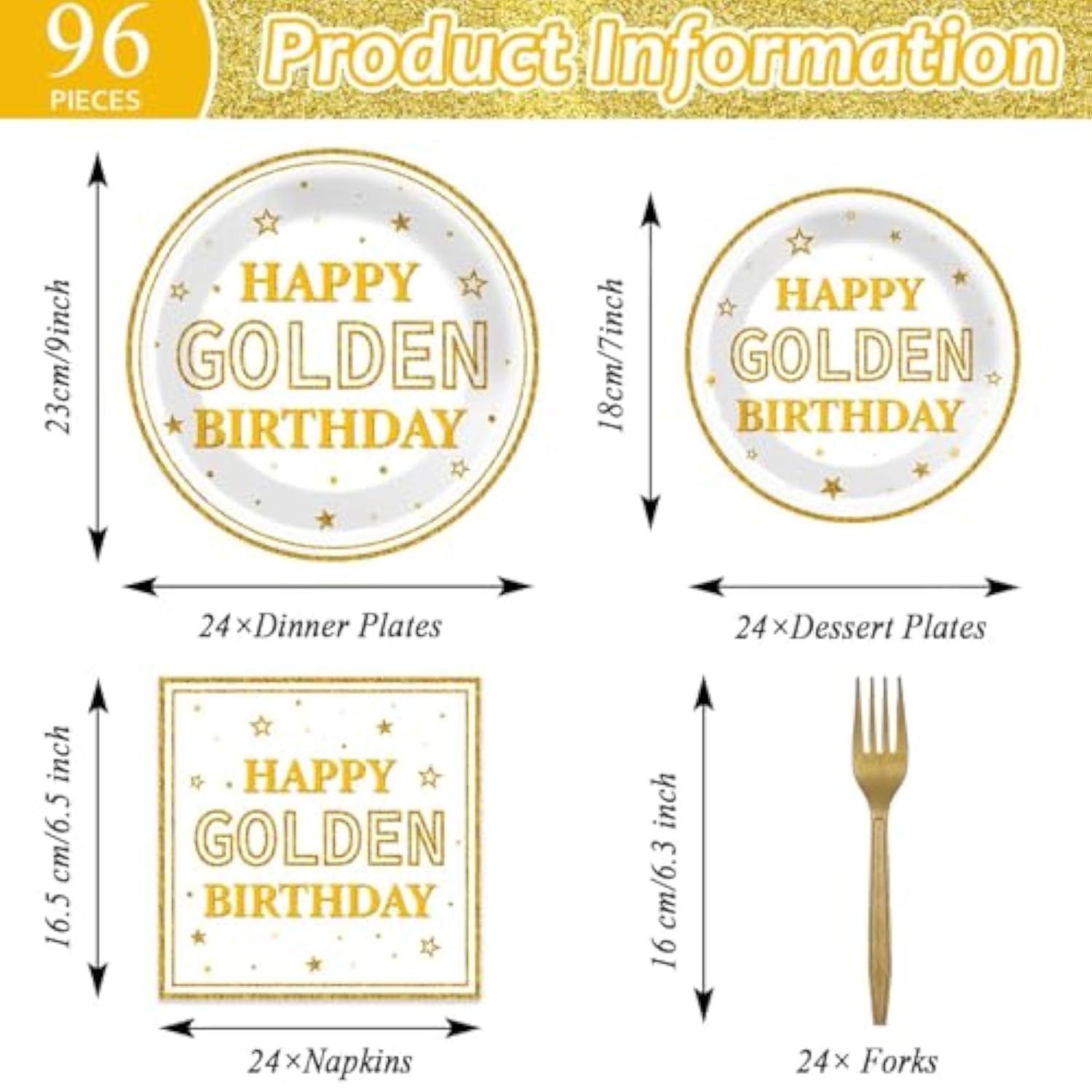 96Pcs Gold Birthday Party Tableware Set – Plates, Napkins & Decor for 24 Guests