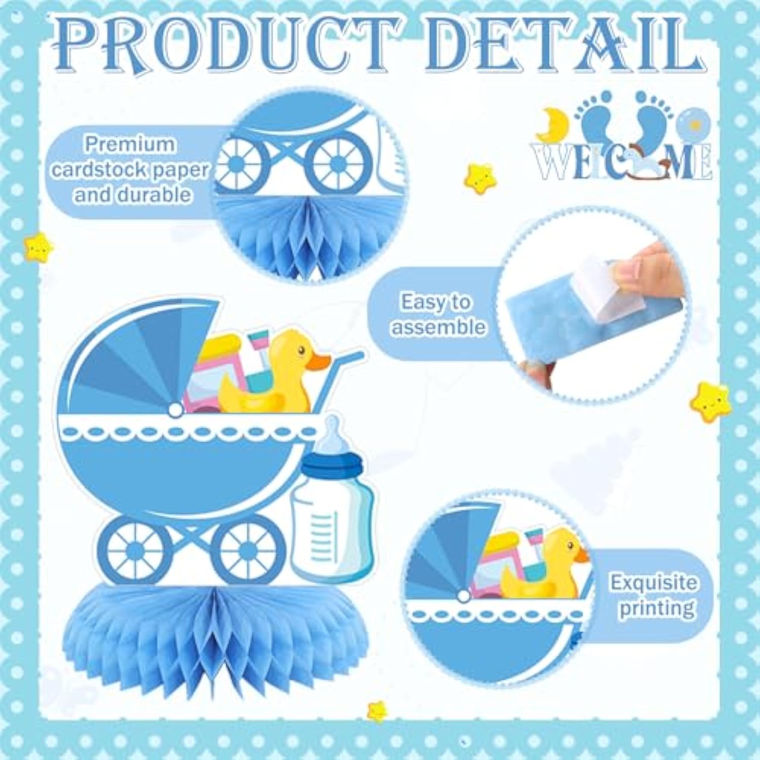 12Pcs "It's a Boy" Baby Shower Honeycomb Centerpieces – Blue Table Decorations