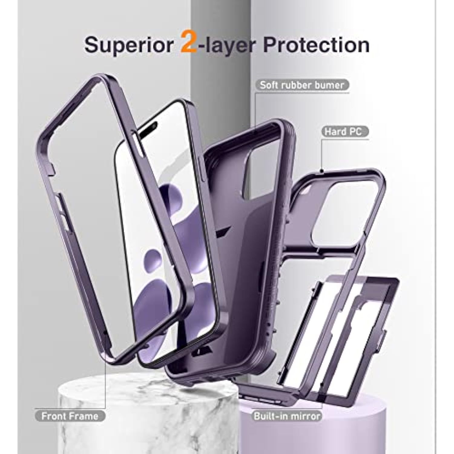 Compatible With Iphone 14 Pro For Women, Men Defender Credit Card Holder Cover With Hidden Mirror, Three Layer Shockproof Heavy Duty Protection Case For Iphone 14 Pro 6.1'' Deep Purple