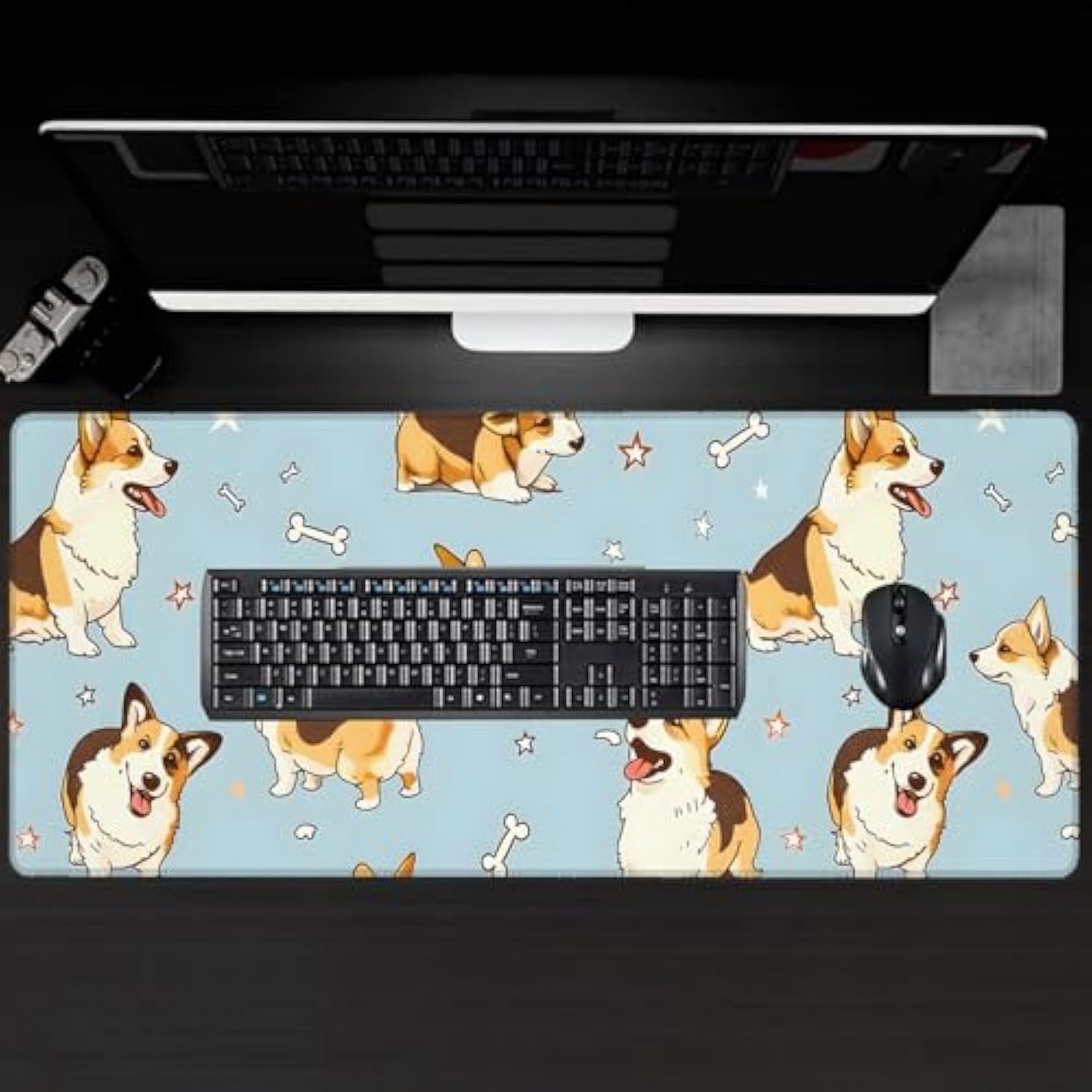 Cartoon Corgi Large Gaming Desk Mat,Rubber Non-Slip Cute Dog Mouse Pad,31.5X11.8X0.12In Extended Pet Bone Mousepad,Puppy Lover Mice Pads Gifts,Office Home Deskmat Decor