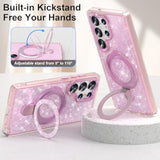 Pink glitter Galaxy S25 Ultra case with kickstand, bracelet, and shockproof protection.