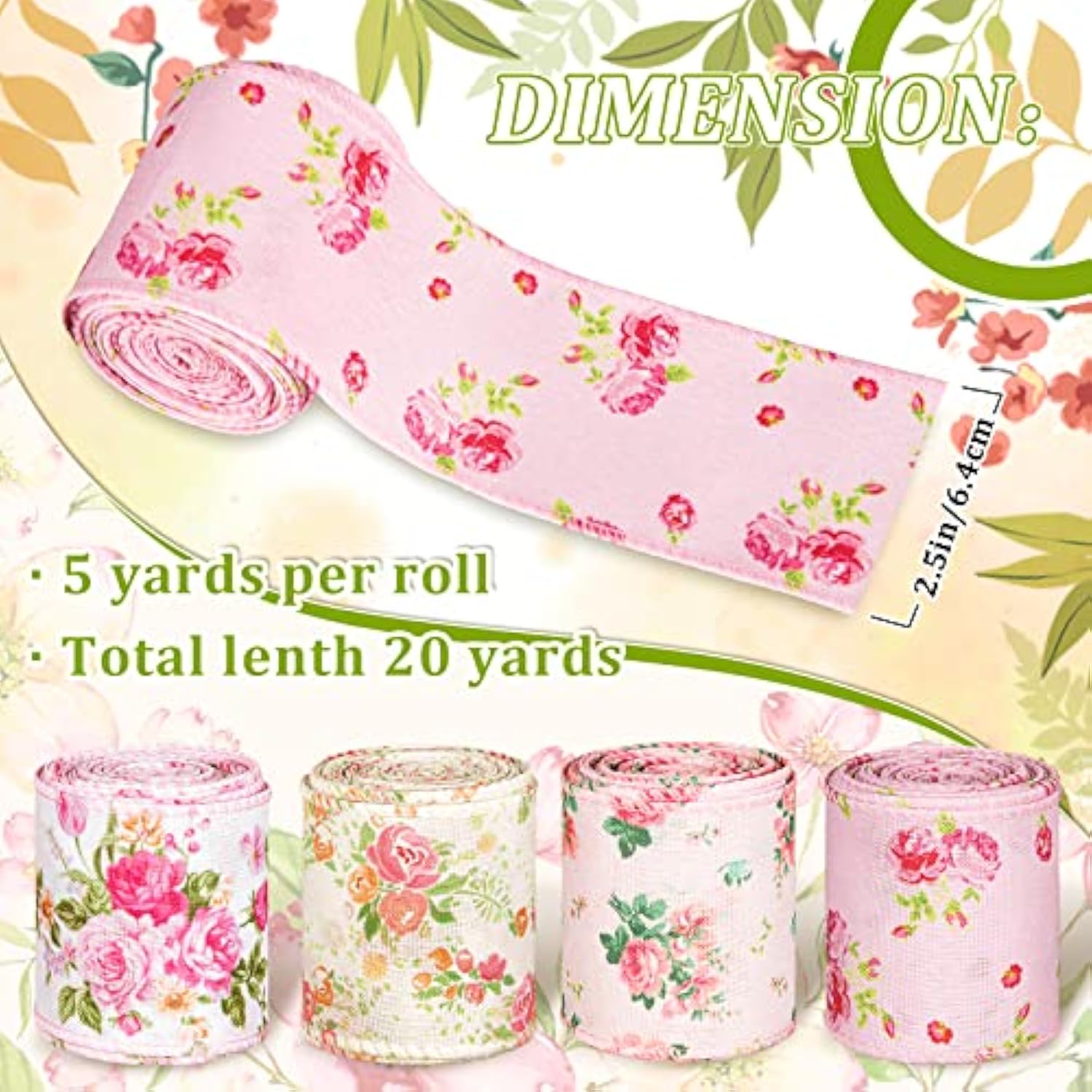 Floral Wired Edge Ribbon 4 Rolls Rose Flower Pattern Ribbon Spring Sum