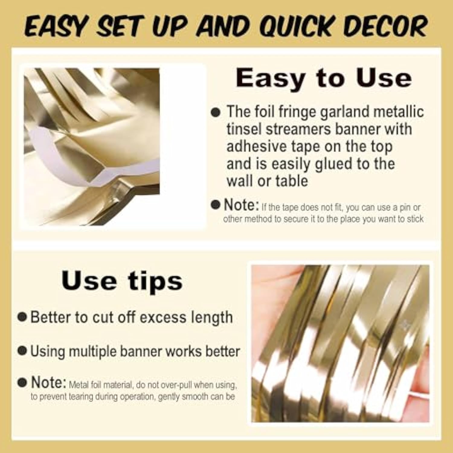 4 Pack 10 Ft Light Gold Foil Fringe Garland Metallic Streamers Tinsel Banner Wall Hanging Garland Backdrop For Parade Floats, Halloween, Christmas, Thanksgiving, New Year Party Decorations