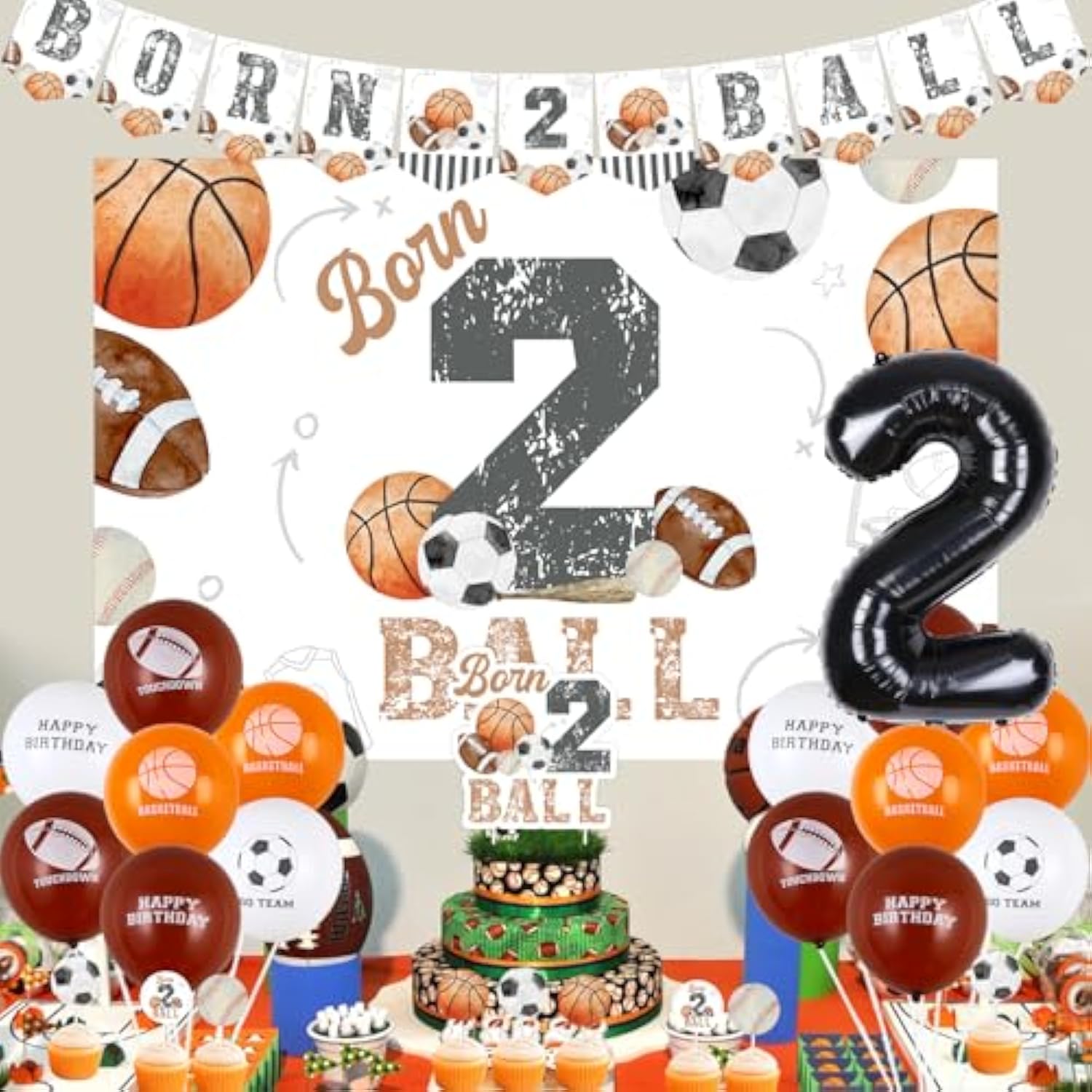 Born 2 Ball Birthday Decorations - Sports Theme Banner, Cake Toppers & Party Supplies