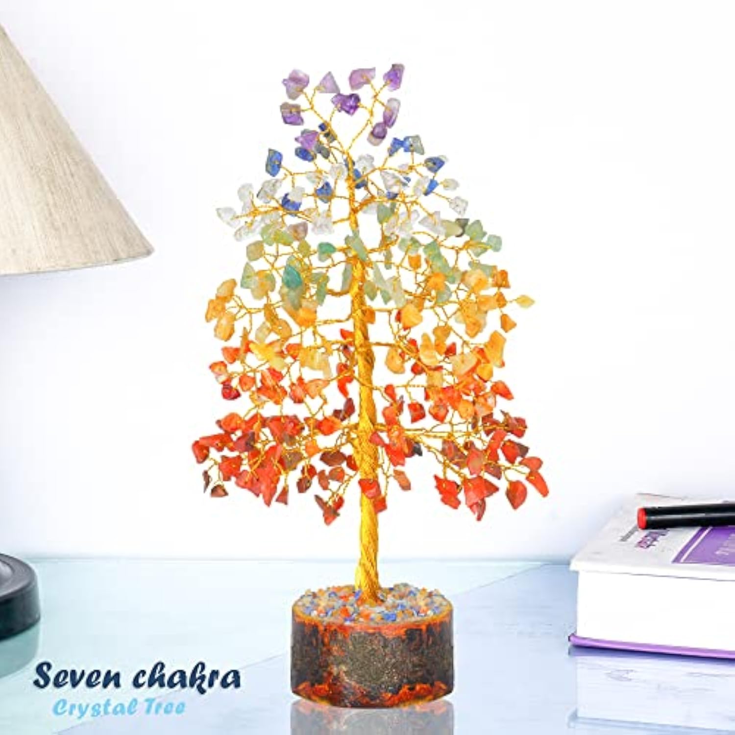Seven Mix Chakra Tree Natural Healing Crystal Gemstone Feng Shui Money Bonsai Trees Home Decor Prosperity Aura Cleansing For Wealth And Luck Golden Wire Size 10 Inch