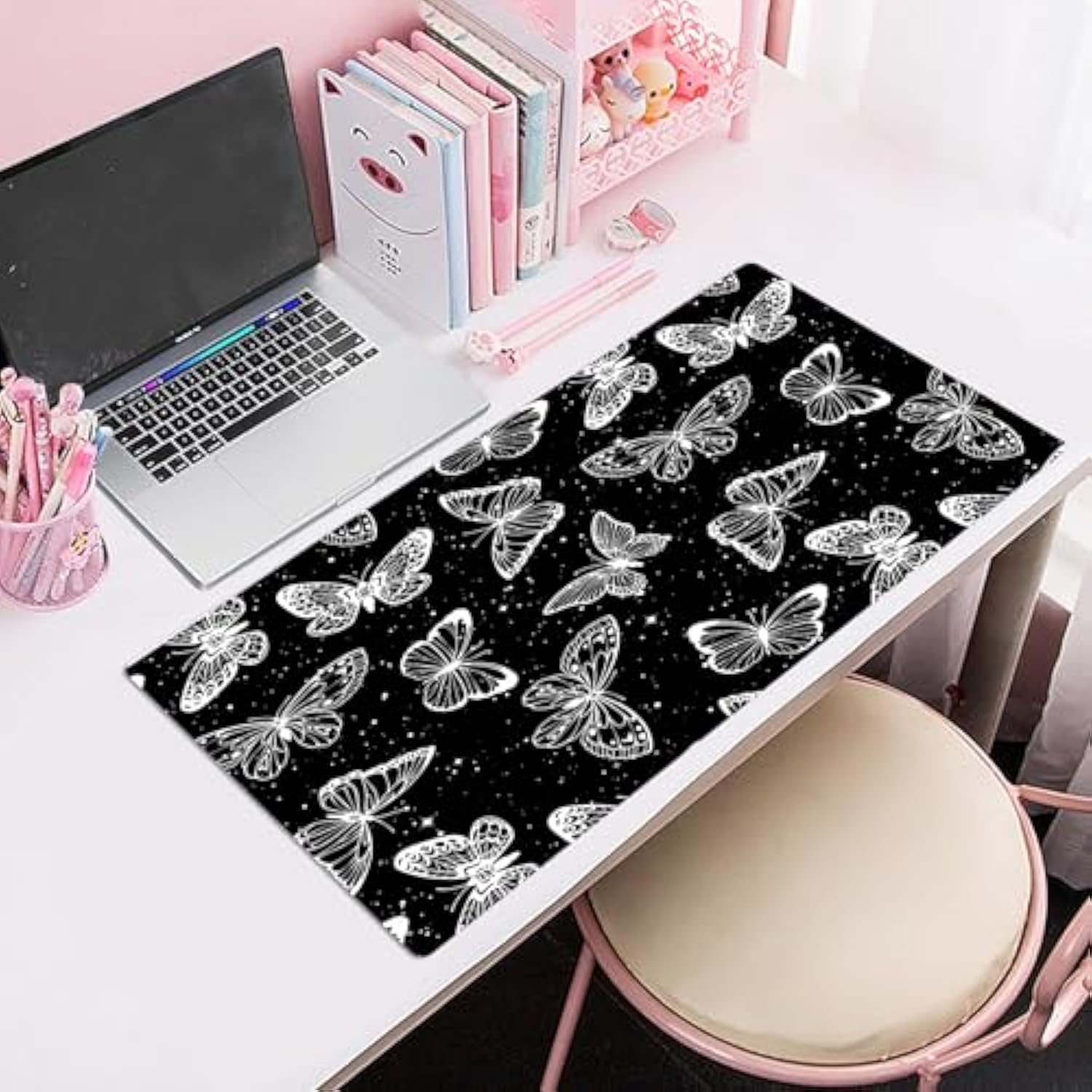 Black And White Butterfly Large Mouse Pad For Desk,Galaxy Space Mouse Pad Gaming Desk Accessories Non-Slip Rubber Base Keyboard And Mouse Pad For Home Office Table Mousepad, 31.5W X 15.7L Inches
