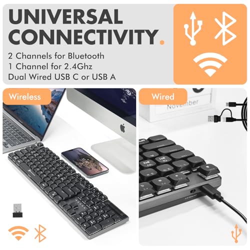 Low Profile Mechanical Keyboard Wireless (Wired + Bt + 2.4Ghz) - Triple Mode Connectivity, Red Switches, Backlit, 107-Key - Slim Bluetooth Mechanical Keyboard For Mac And Pc