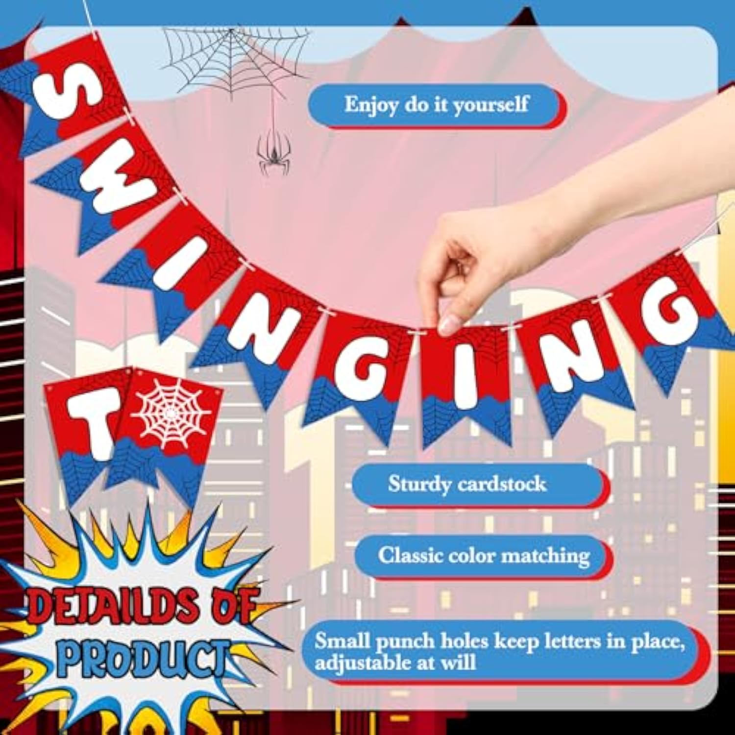 Spider Swinging Into 3 Birthday Banner, Spider Web Theme 3Rd Birthday Decorations Hanging Bunting Garland For Red Blue Cartoon Party Supplies