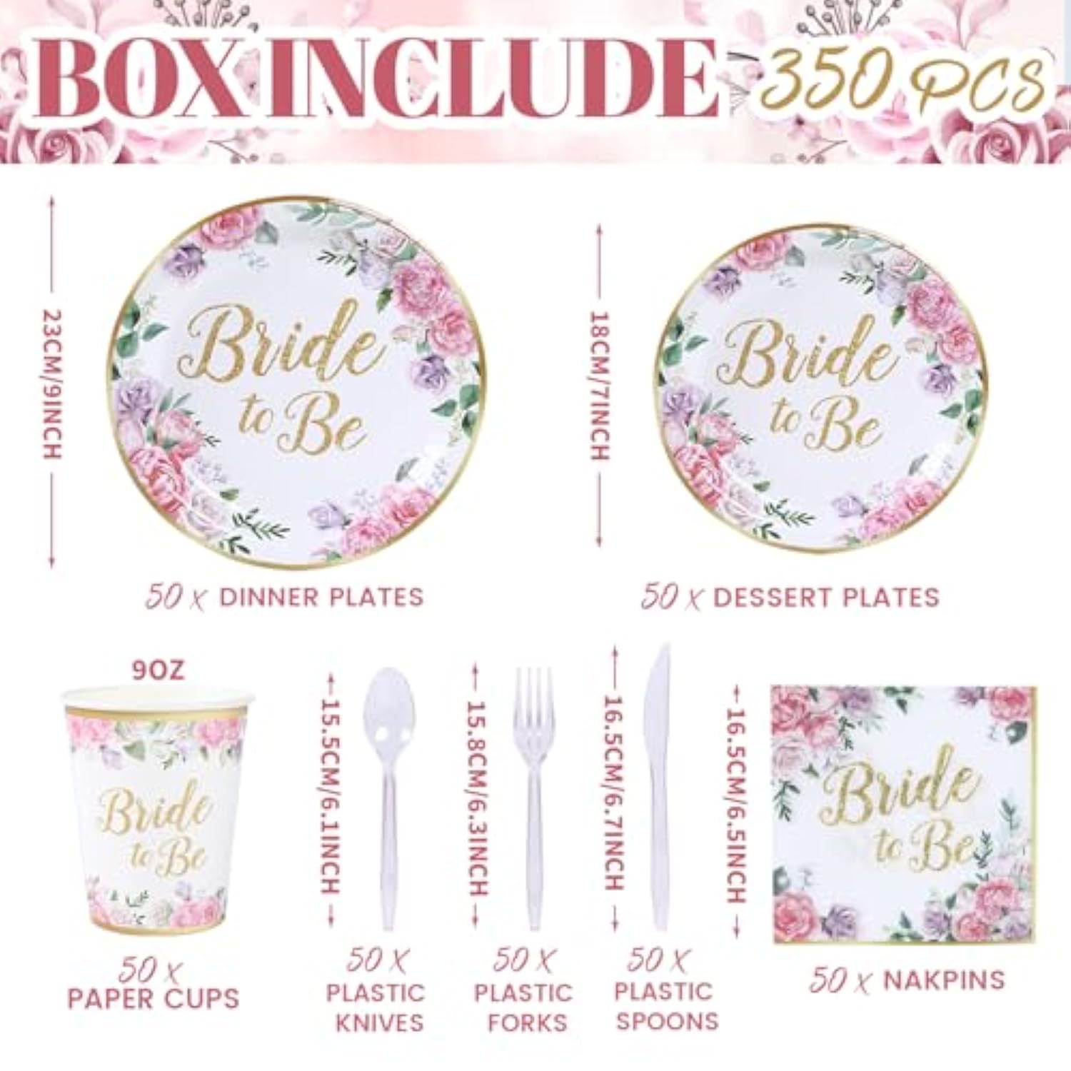350Pcs Floral Bridal Shower Decorations For 50 Guests Include Paper Plate, Napkin, Cup And Disposable Plastic Tableware