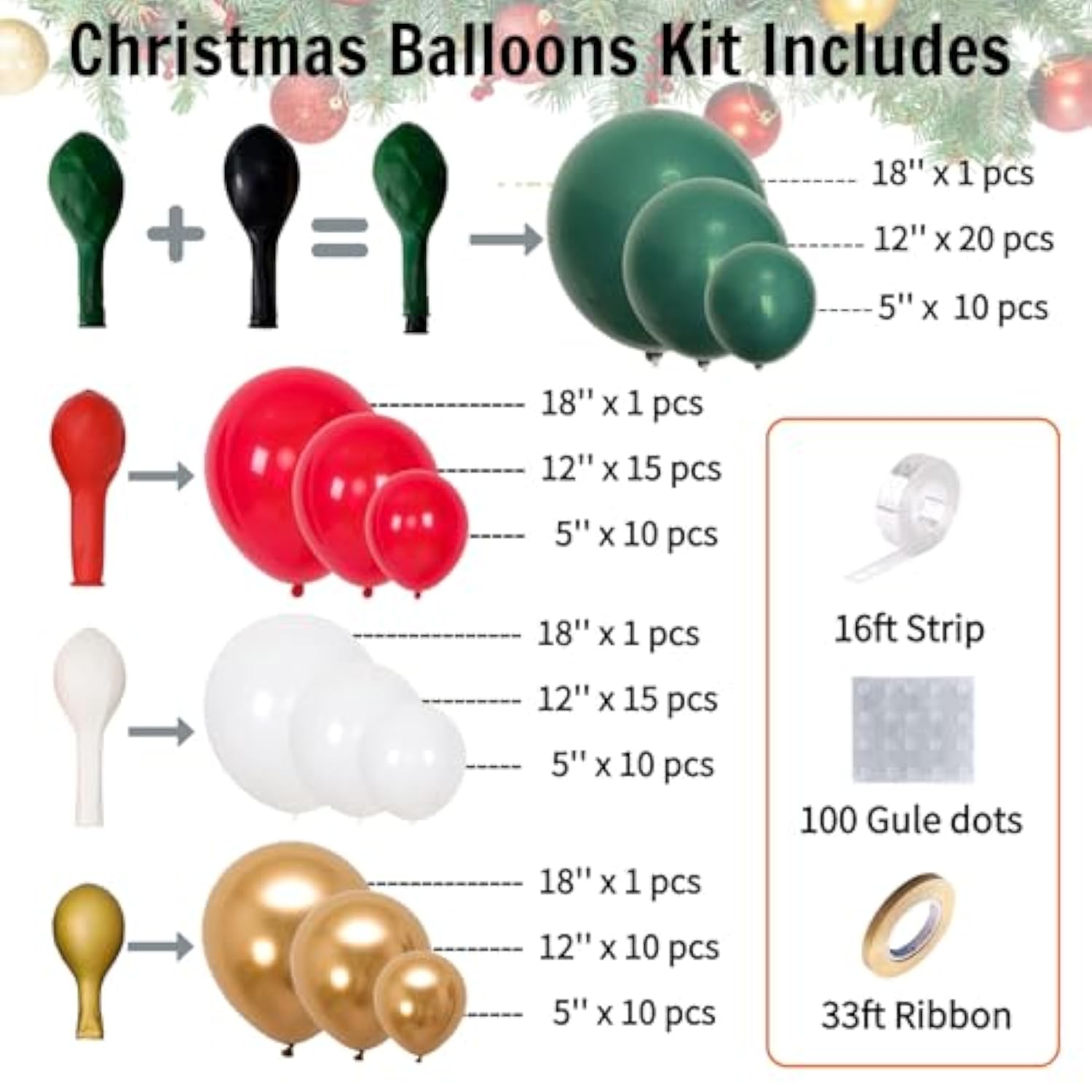 Christmas Balloon Arch Kit – 140Pcs Double Stuffed Green Red White & Gold Balloons Garland, Merry Christmas Balloons Arch Decorations For Holiday Party Backdrop &Merry Xmas Balloons Décor Supplies