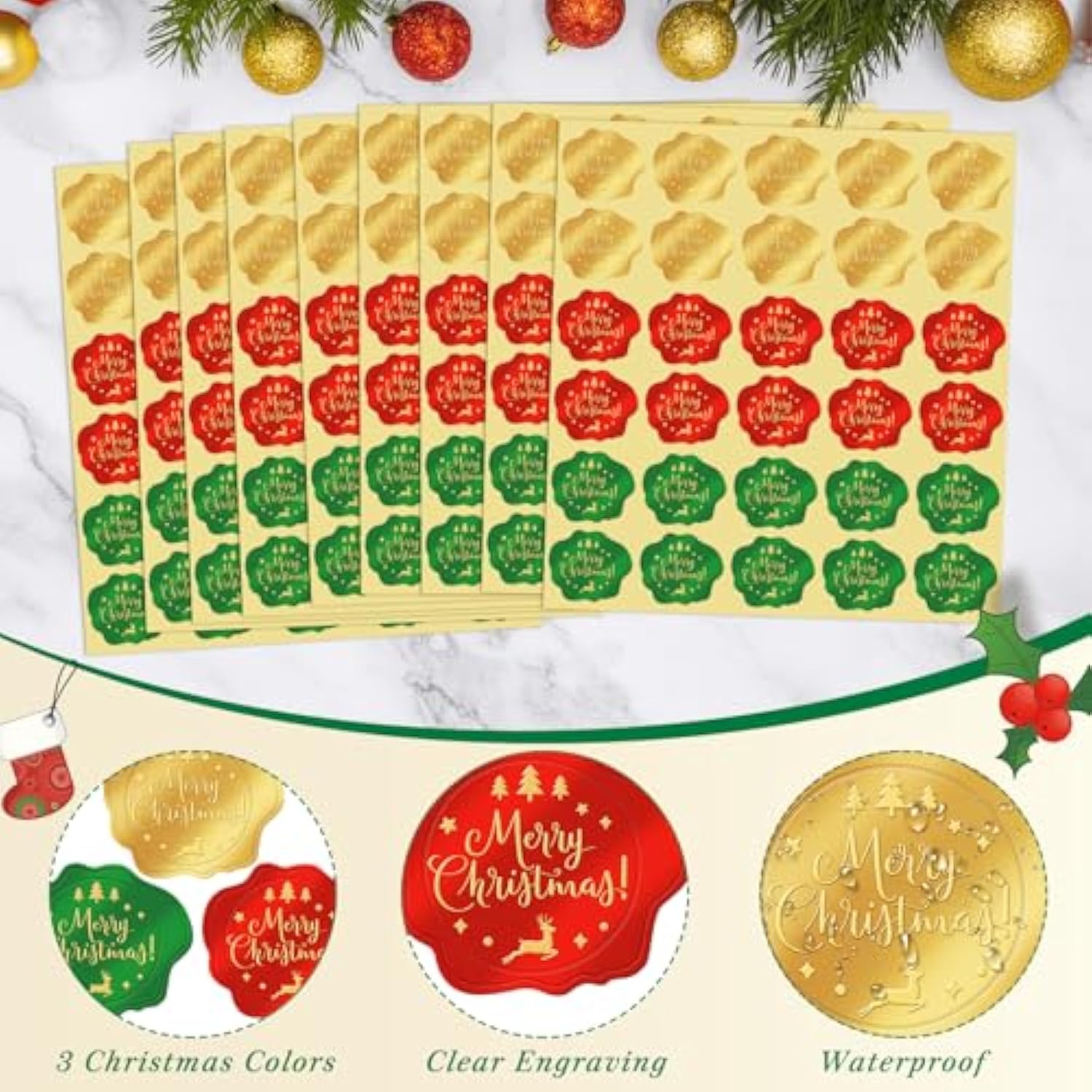 360 Pcs Christmas Stickers For Envelope Sealing Gold Foil Embossed Merry Christmas Labels Stickers For Crafts Gifts Present Packaging Cards Making Invitation Envelope Seal Xmas Holiday Party Decor