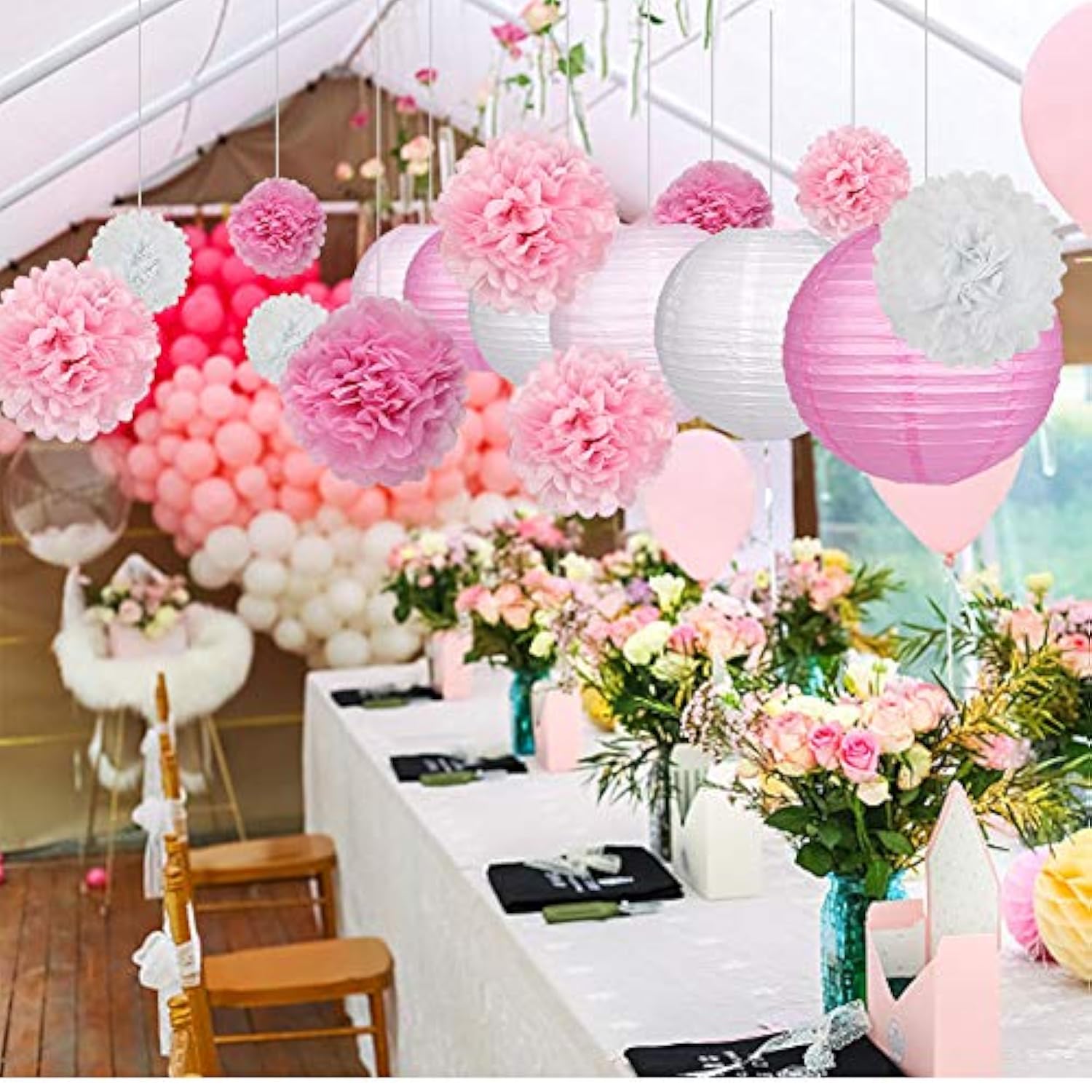 15Pcs Party Pack – Pink/White Paper Lanterns & Pom Pom Balls for Wedding, Birthday
