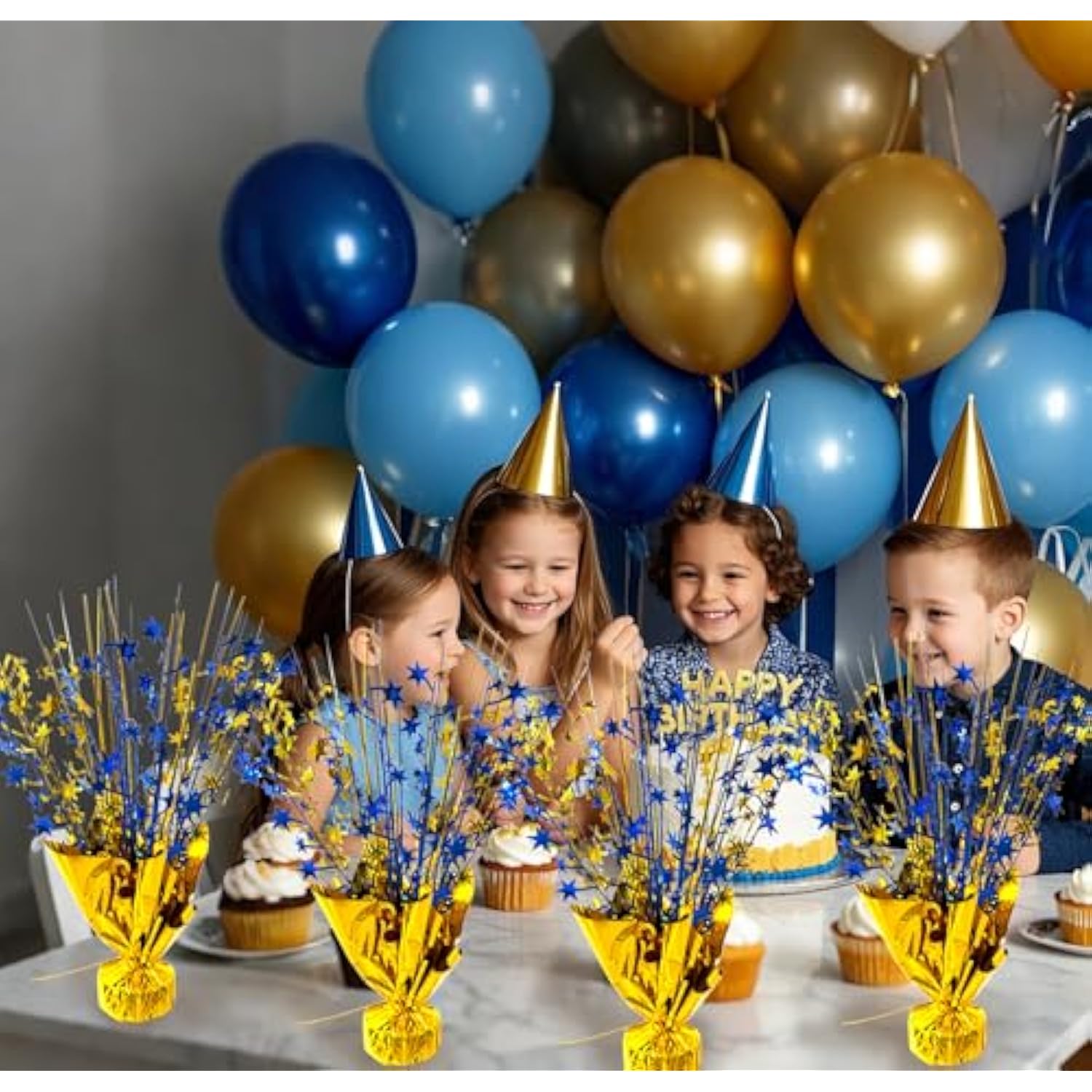 6 Pack 2025 Graduation Table Centerpiece Party Decoration Metallic Foil Spray Centerpiece Glitter Decor Star Tabletop For Graduation New Year Birthday Holiday Party Favor, Blue And Gold
