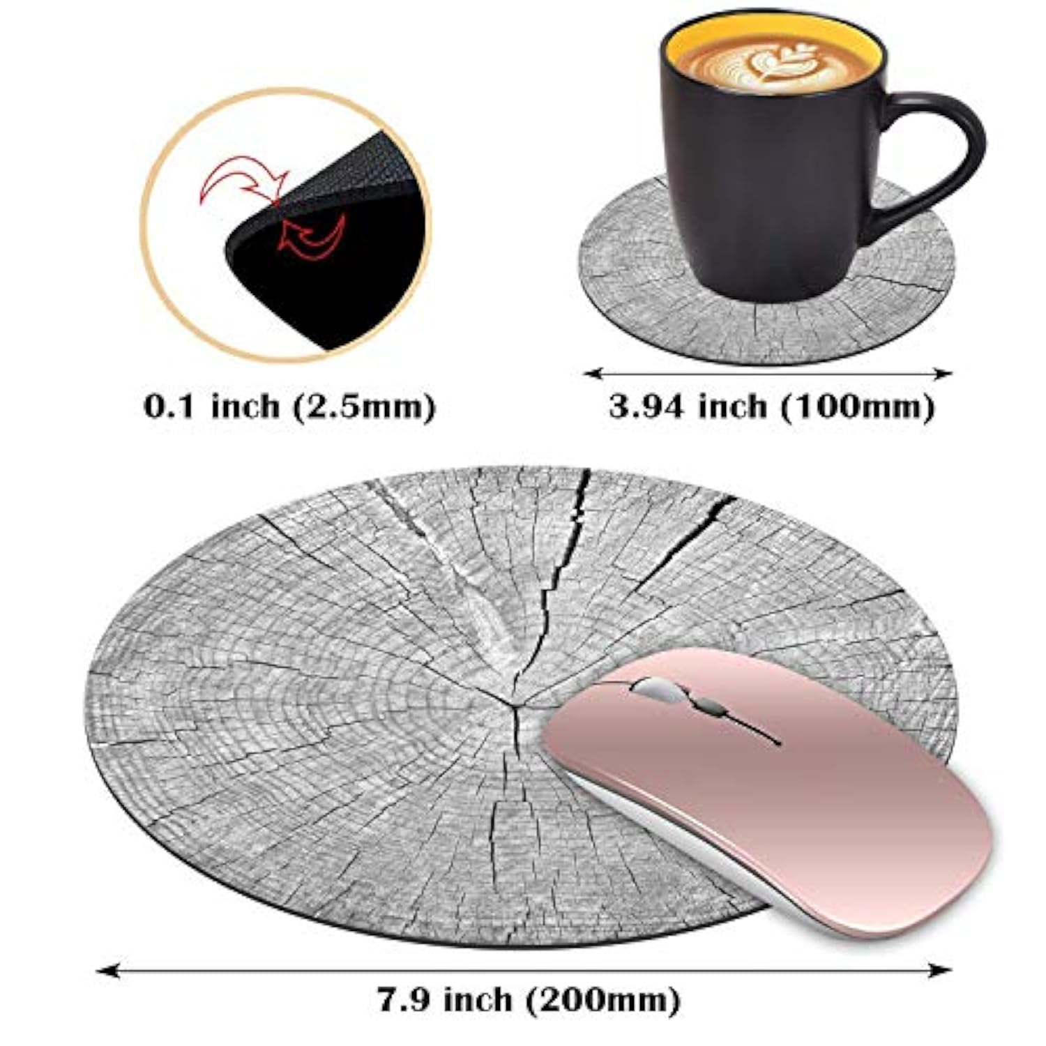 Round Mouse Pad And Coasters Set, Wood Grain Pattern Design Mouse Pad, Non-Slip Rubber Base Mouse Pads For Laptop And Computer, Cute Design Desk Accessories