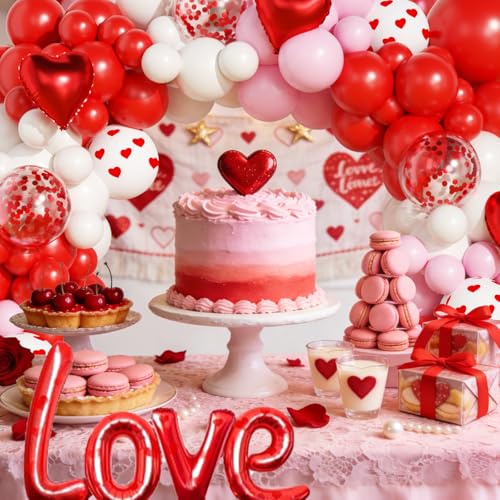 Valentines Day Balloon Garland Arch Kit, Valentine Pink Red Heart Balloons with Rose Petals for Bachelorette Bridal Wedding Engagement Birthday Galentines Romantic Valentines Party Decorations