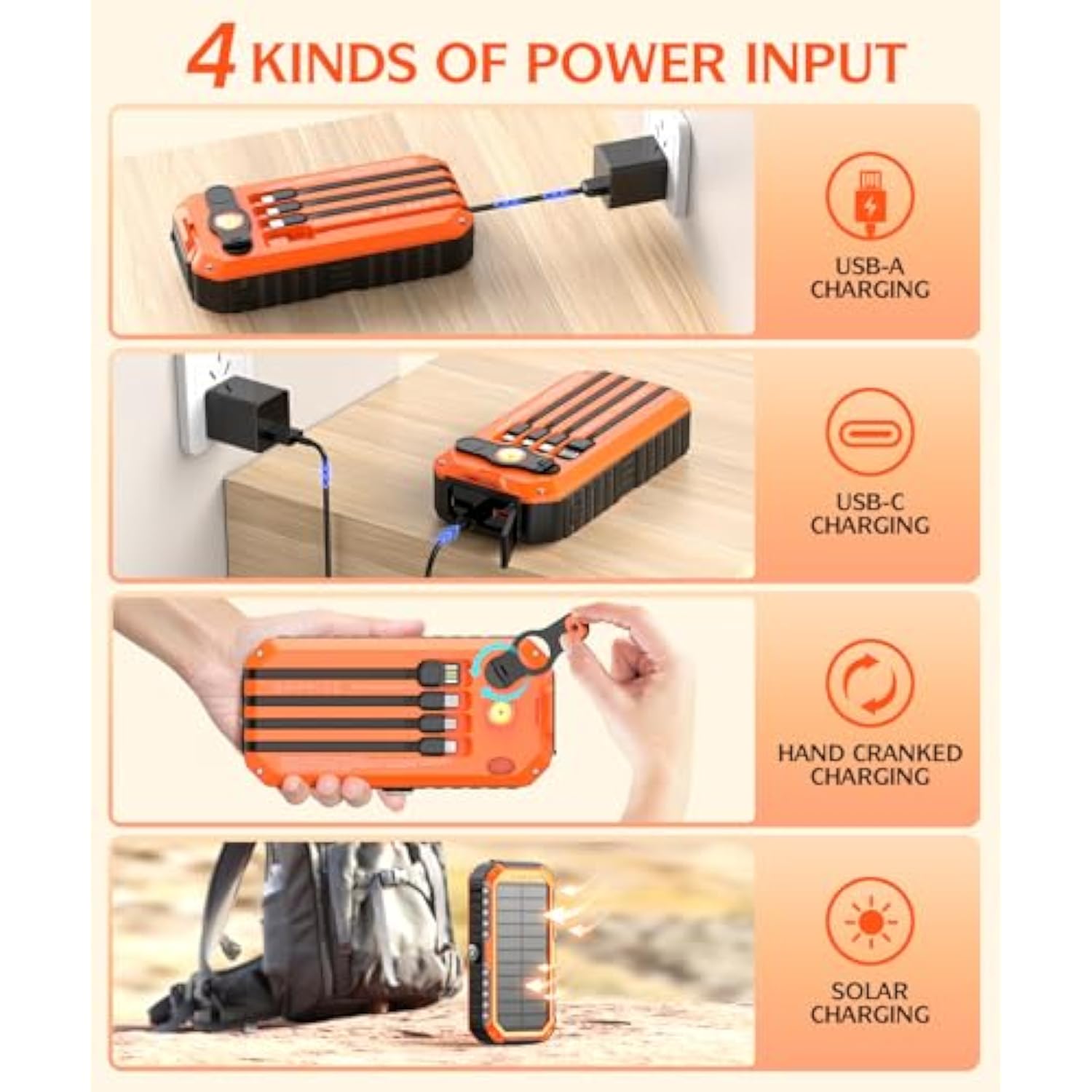 Solar Charger Power Bank 40000Mah Built In 4 Cables And Hand Crank, Portable Charger 22.5W Fast Charger 6 Outputs & 4 Inputs External Battery Pack With Bright Flashlight And Compass