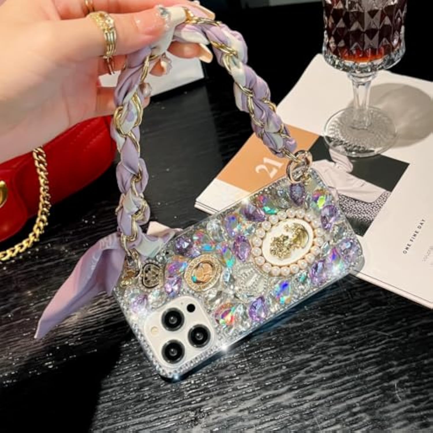 Compatible With Iphone 16 Pro Max Glitter Bling Case, Cute Luxury 3D Crystal Queen Rhinestone Full Diamond With Silk Scarf Wristband Chain Women Case Cover For Iphone 16 Pro Max 6.9"