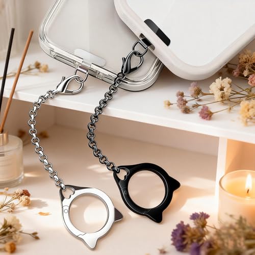 Metal Cat Head Phone Finger Grip Ring Chain Lanyard Keychain Holder Heavy Duty 5KG Capacity Anti-Loss Strap Anti Theft for All Phones Keys Earbuds
