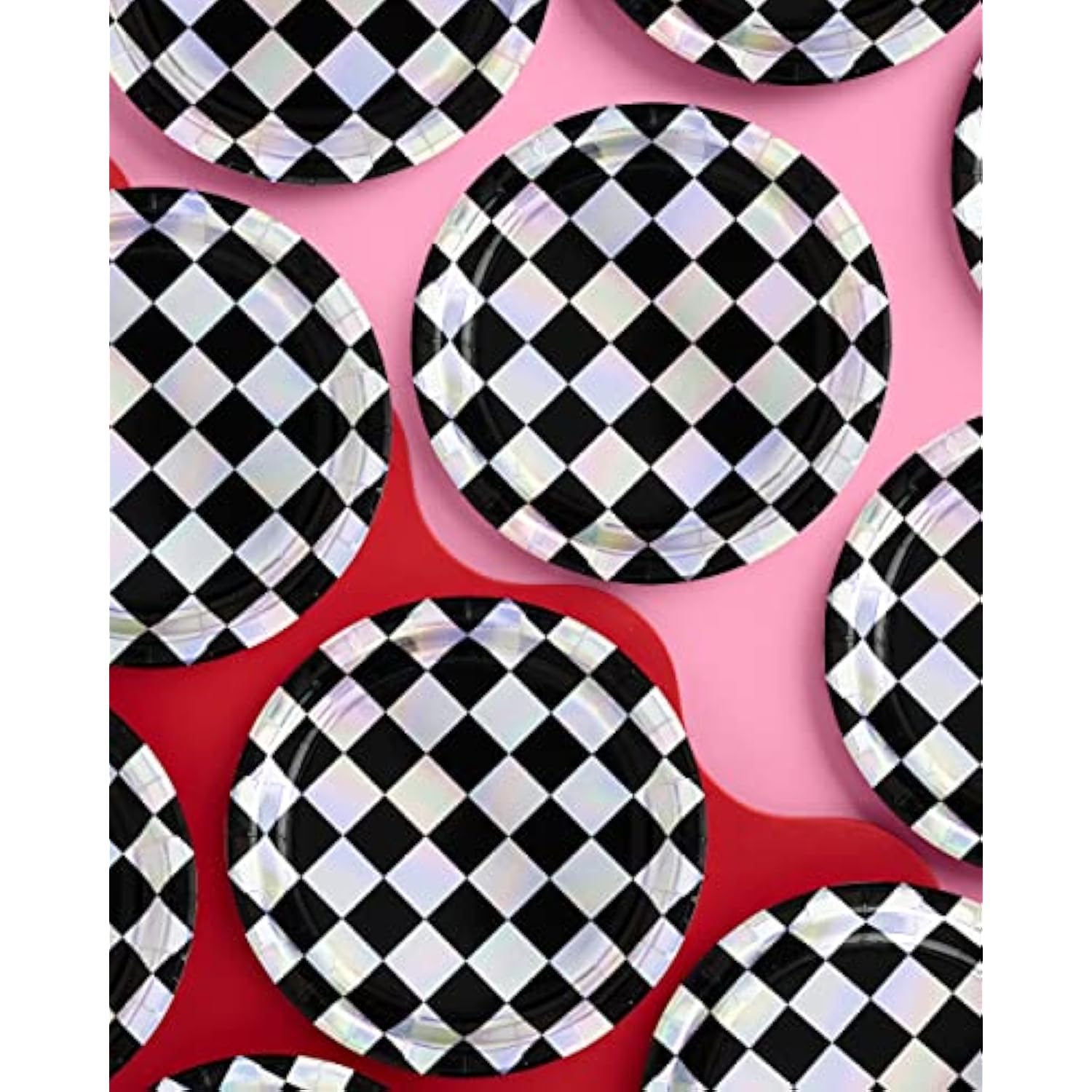 Black And Iridescent Checker Paper Plates - 25 Pack | Happy Birthday Party Decorations, Cute Bachelorette Party, Cool Cake Plates, Checker Disposable Party Plates