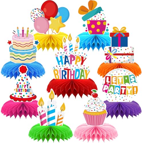 9 Pieces Happy Birthday Decorations Set,3D Table Toppers Double Sided Stand Cards ,Colorful Birthday Themed Honeycomb Centerpiece. (birthday)
