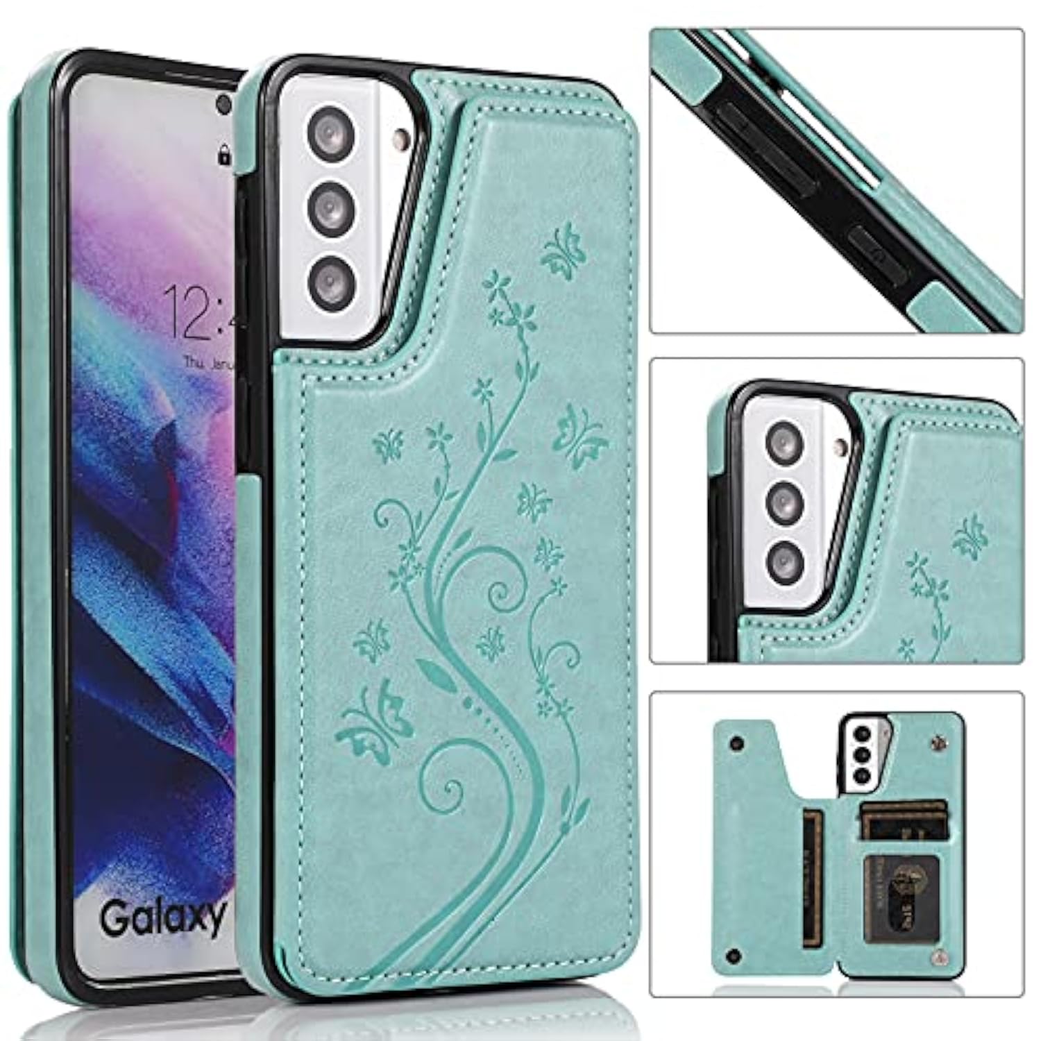 Phone Case For Samsung Galaxy S21 Glaxay S 21 5G 6.2 Inch With Tempered Glass Screen Protector And Card Holder Wallet Cover Stand Flip Leather Cell Accessories Gaxaly 21S G5 Cases Women Girl Green