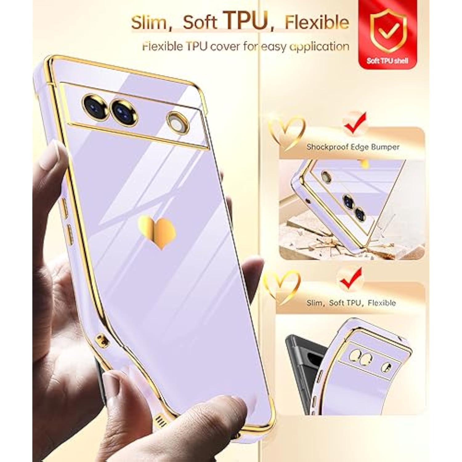 For Google Pixel 7A Phone Case: With Tempered Glass Screen Protector [2 Pcs]+ Full Camera Lens Protection,Love Heart Plating Girly Women Cute Soft Tpu Shockproof Case For Google Pixel 7A,Purple