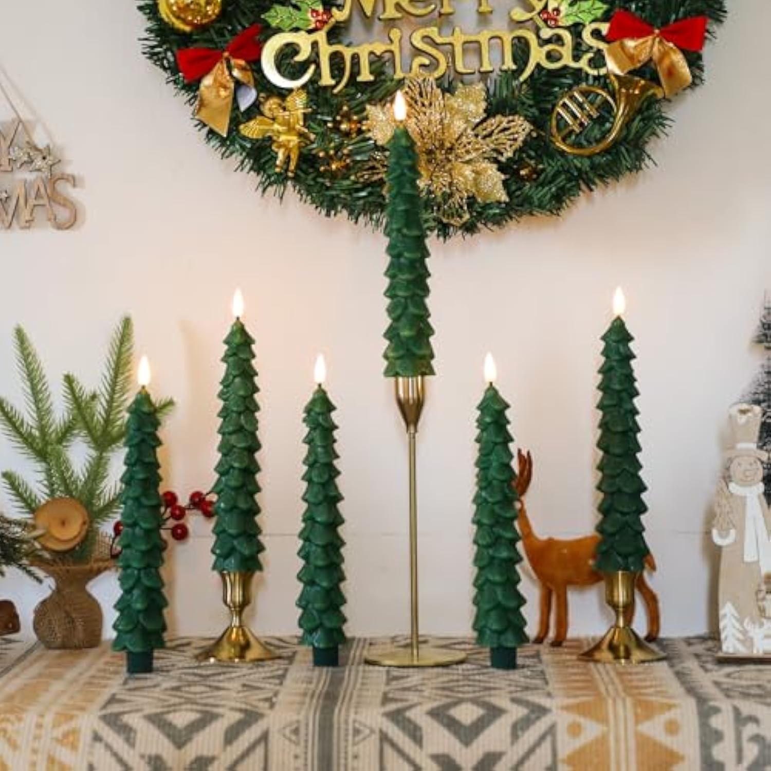 6Pcs Flameless Christmas Tree Candles With Remote Timer, Led Taper Candles Battery Operated Flickering Flame, 10 Inches Green Real Wax Window Candlesticks For New Year Xmas Decorations