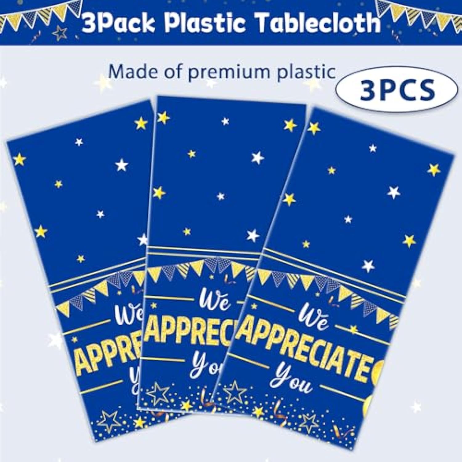 3Pcs We Appreciate You Table Cloths Thank You Decorations For Work Anniversary Party Disposable Plastic Blue Gold Table Cover For Coworker Employee Volunteer Teacher Appreciation Office Supplies Favor