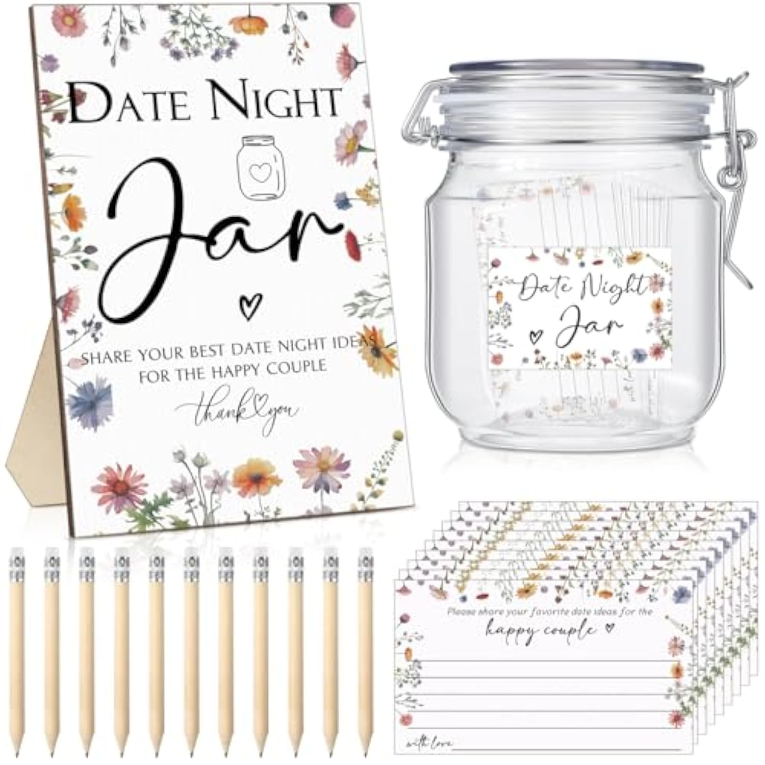 114 Pcs Bridal Shower Games Include Date Night Jar Wooden Sign 100 Cards 10 Hb Pencils 2 Stickers For Fresh Off The Market Wedding Reception Games Date Idea Party Favors Decoration(Wildflower)