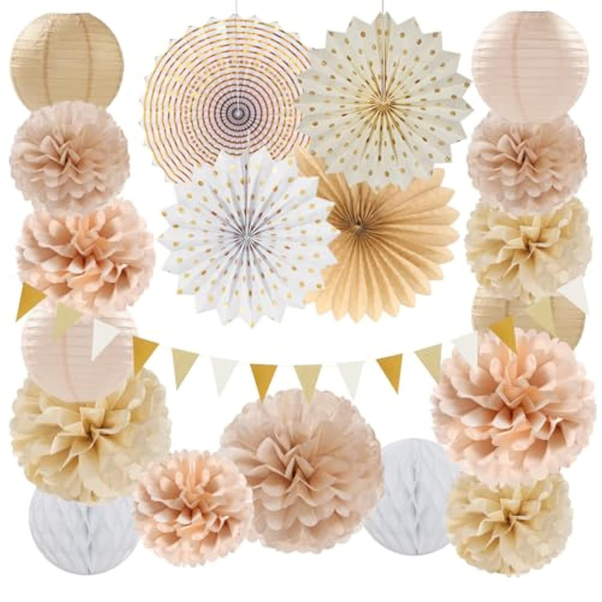 Boho Neutral Party Decor – 20pcs Beige, Gold, Peach Paper Lanterns, Fans, Pom Poms & More