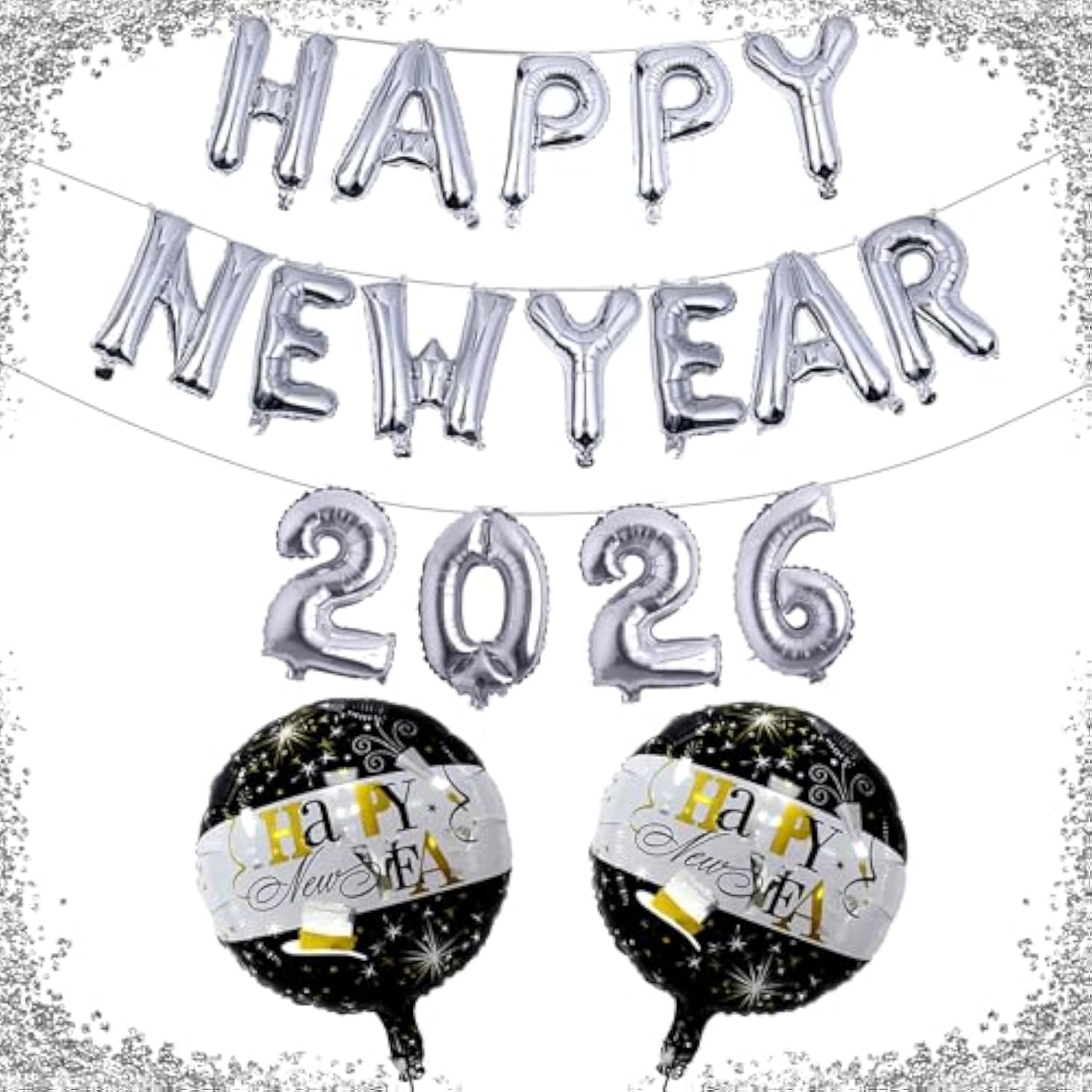 18in Silver Happy New Year 2026 Balloons Round Number Balloon Party Decor