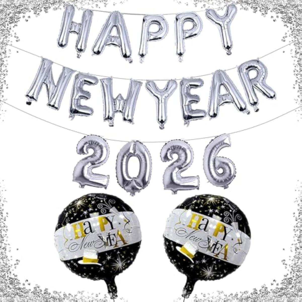 18in Silver Happy New Year 2026 Balloons Round Number Balloon Party Decor